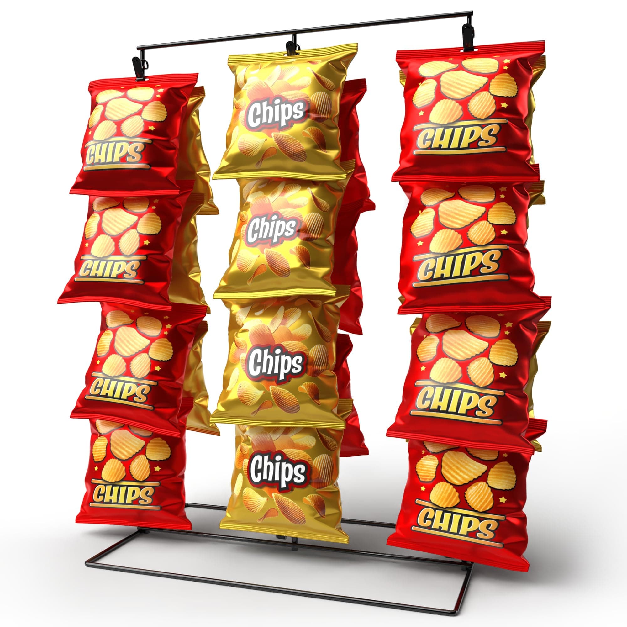 Black 3-Row Potato Chip Rack Display Stand with 39 Clips, Snack Retail Display Rack, Chip Stand Display for Party, Countertop Chip Bag Holder, Snack Display for Counter