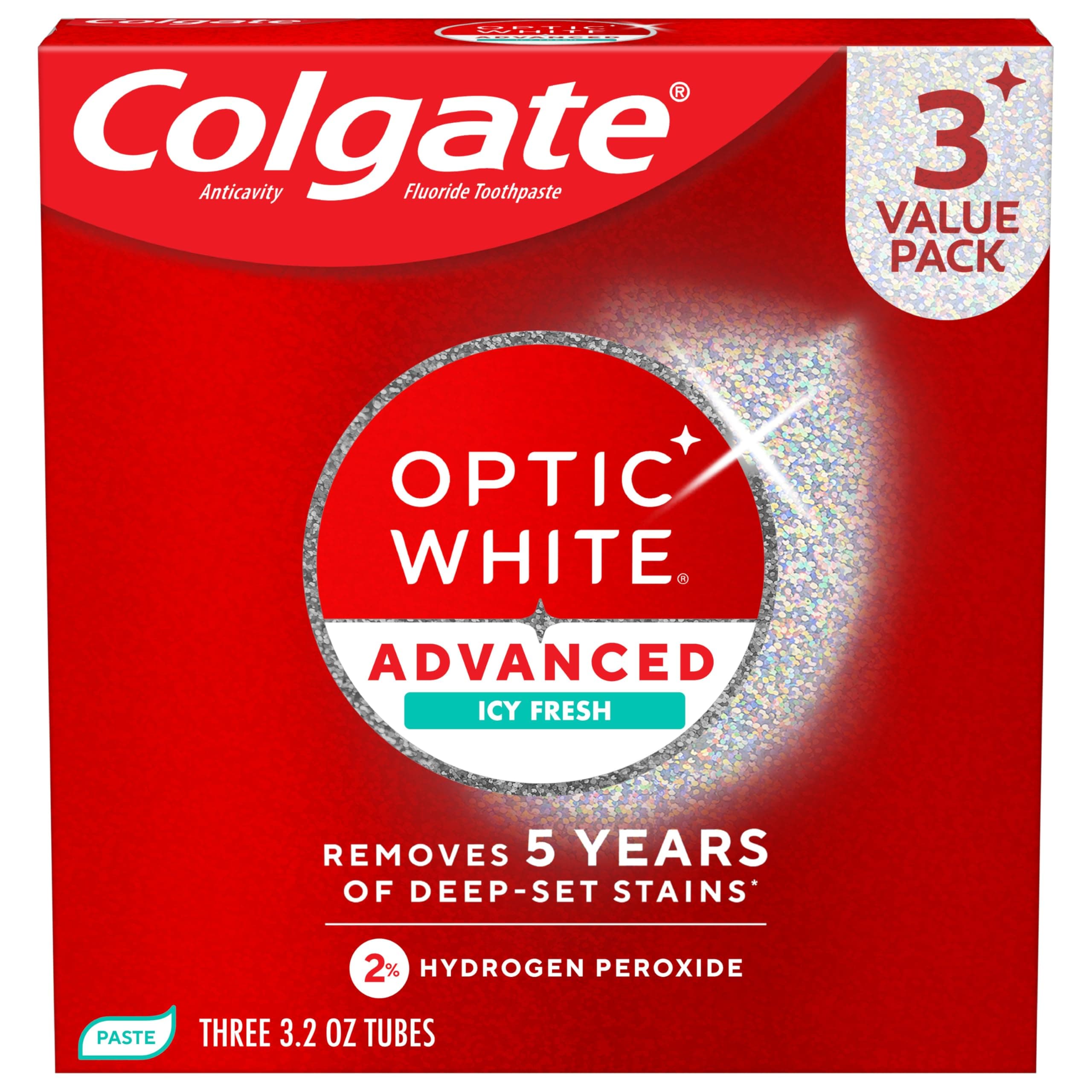 Colgate Optic White Advanced Hydrogen Peroxide Toothpaste Pack, Teeth Whitening Toothpaste, Enamel-Safe Hydrogen Peroxide Formula, Helps Remove Tea, Coffee, and Wine Stains, Icy Fresh, 3 Pack, 3.2 oz