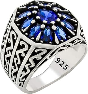 Babylon SilverSolid 925 Sterling Silver Luxury Turkish Handmade with Simulated Blue Sapphire Stone Men's Ring