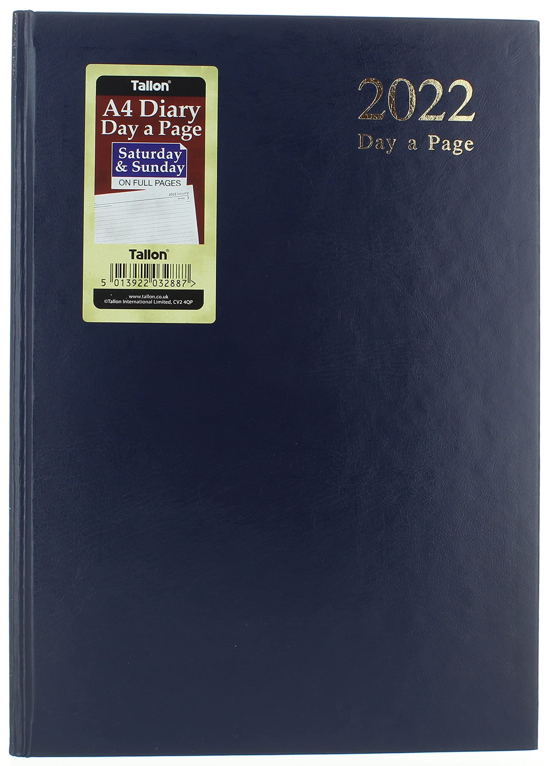 2022 A4 Page a Day Padded Hardback Diary with Full Page Saturday Sunday - Blue