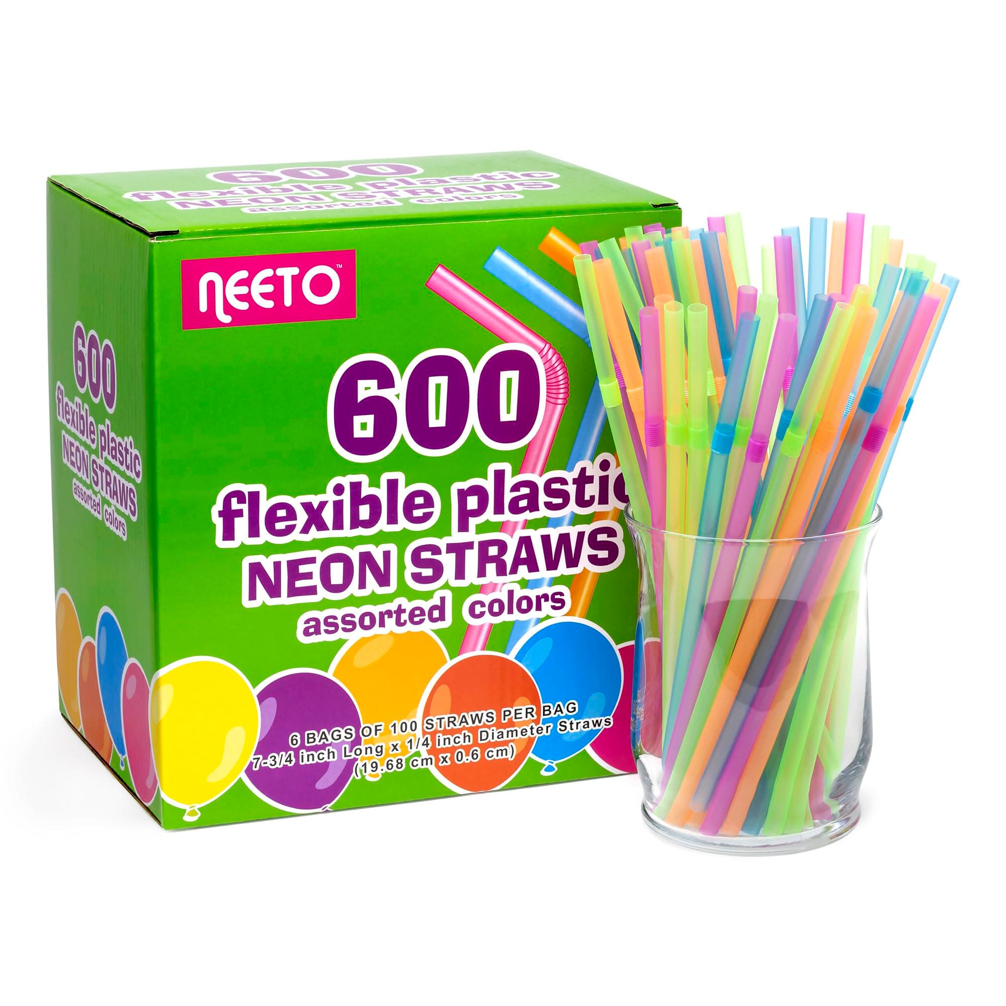 Neeto Plastic Neon Color Straws 7.75" 600 Count