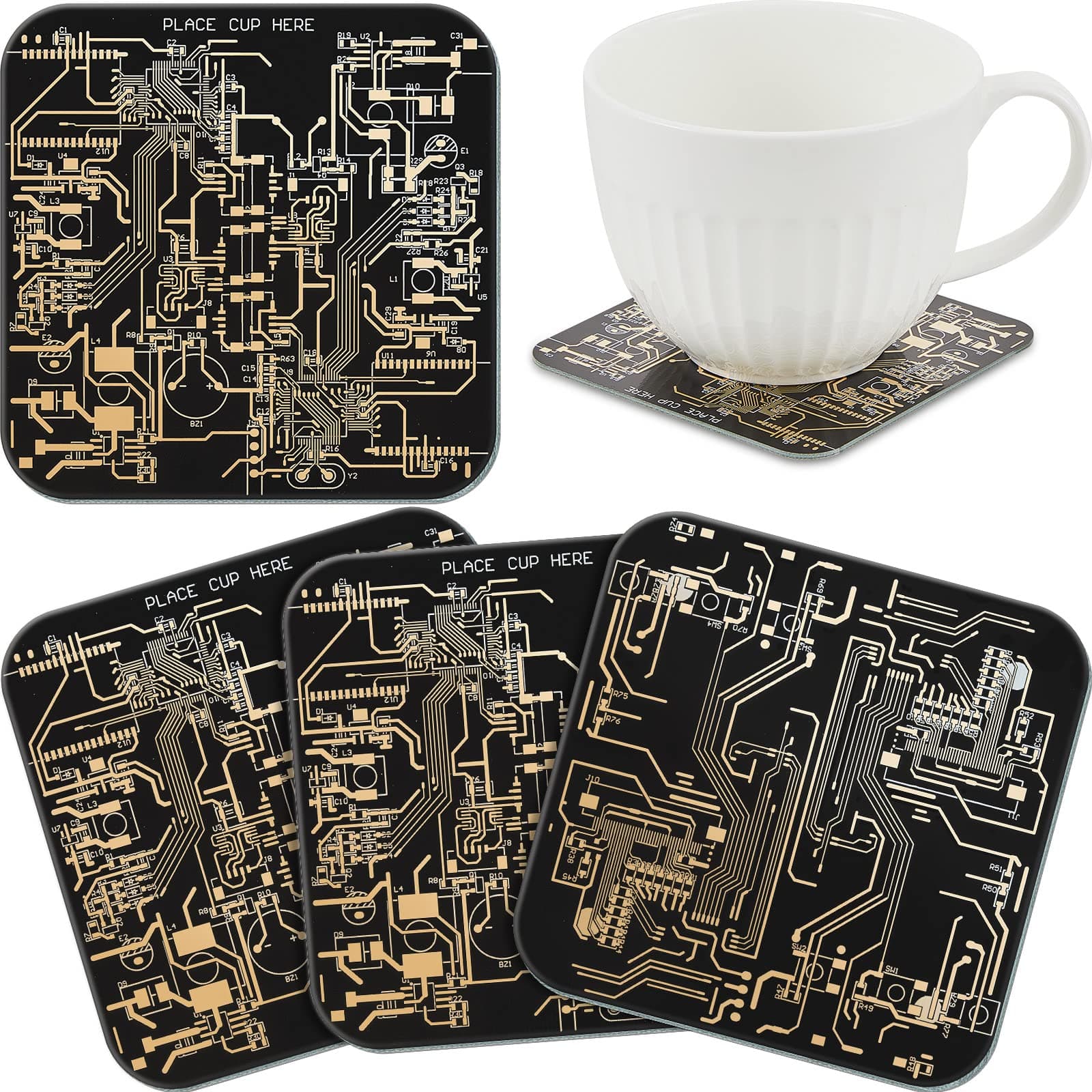 Nuenen 4 Pcs Circuit Board Coasters for Drinks PCB Coasters Immersion Gold Circuit Board PCB Design Engineer It Gift for Party Bar Office Geek Nerd Engineer Dad Gift Men(Classic Style,Black)