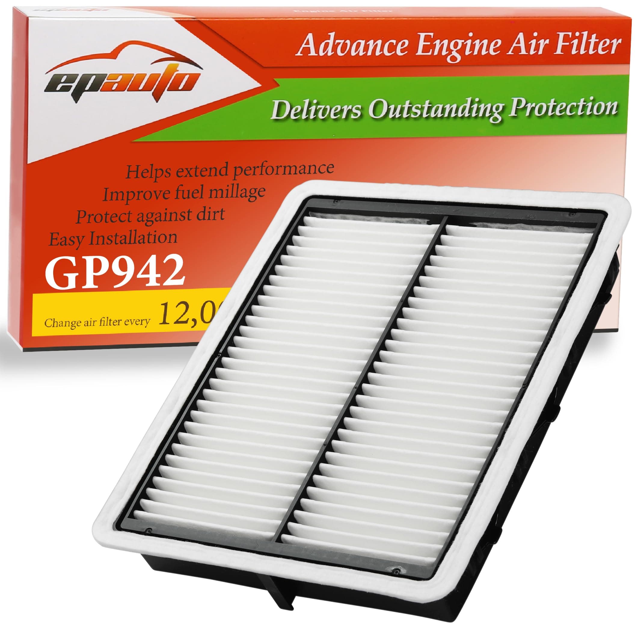 EPAuto GP942 (CA11942) Engine Air Filter Replacement for Hyundai Sonata 2.0L Hybrid (2016-2019),Sonata 2.4L Gas(2015-2019),Kia Optima 2.0L Hybrid(2017-2020),2.4L Gas(2016-2020),Sportage Gas(2017-2022)