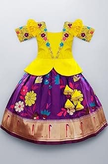 White Button Satin New South Indian Traditional Collar Digital Pattu Pavadai Readymade Lehenga Choli For Girl's Dress