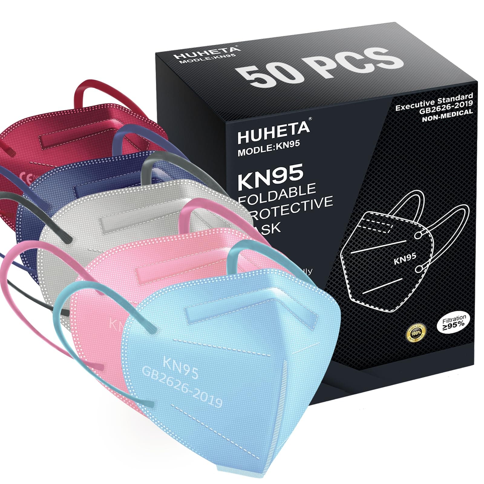 HUHETA 50 PCs KN95 Face Mask, 5-Layer Face Mask Filter Efficiency≥95%