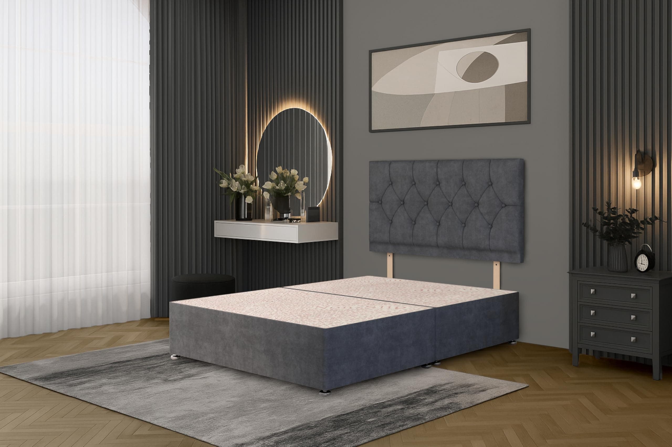 Charcoal Plush Fabric Divan Base Plus Matching Headboard3ft 4ft 4ft6 5ft 6ft (5FT (King))