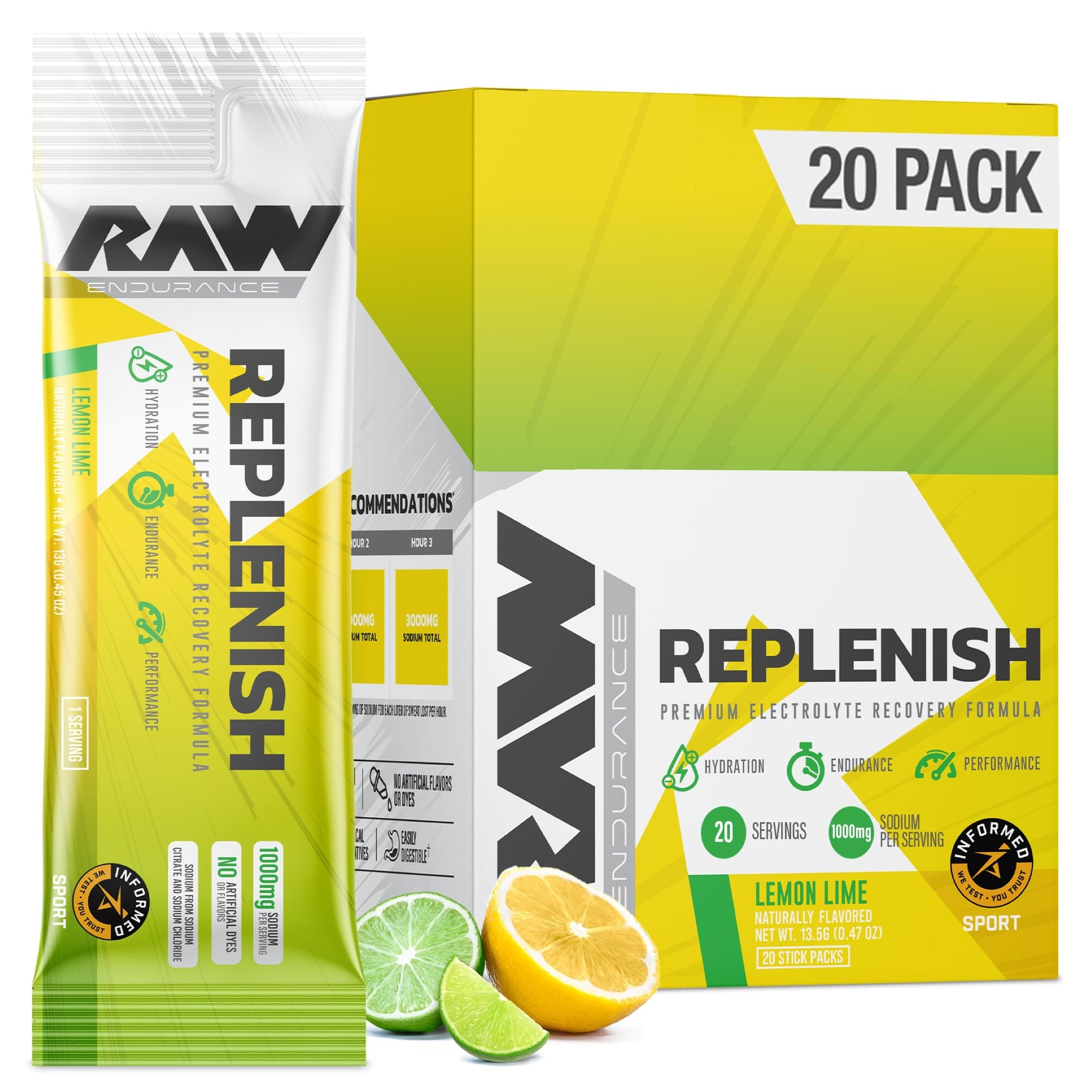 RAW Replenish Packets, Premium Electrolytes Powder Recovery Formula, Lemon Lime (20 Stick Packs) - Flavored Electrolyte Drink Mix for Hydration, Replenishment, Endurance & Performance Workouts