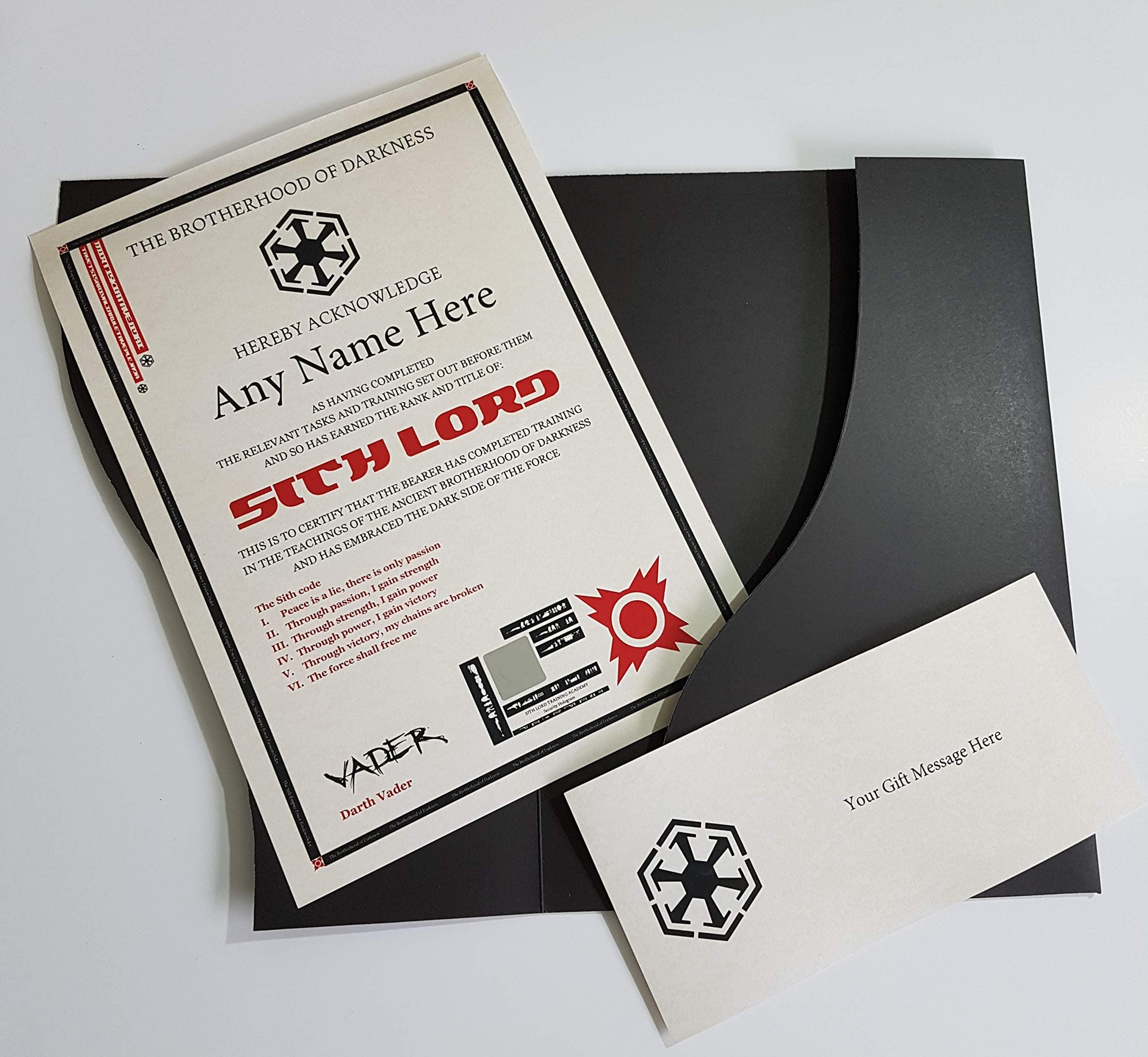 planetsforsale Sith Lord Certificate in a Luxury Presentation Folder - Personalized with The Name of Your Choice