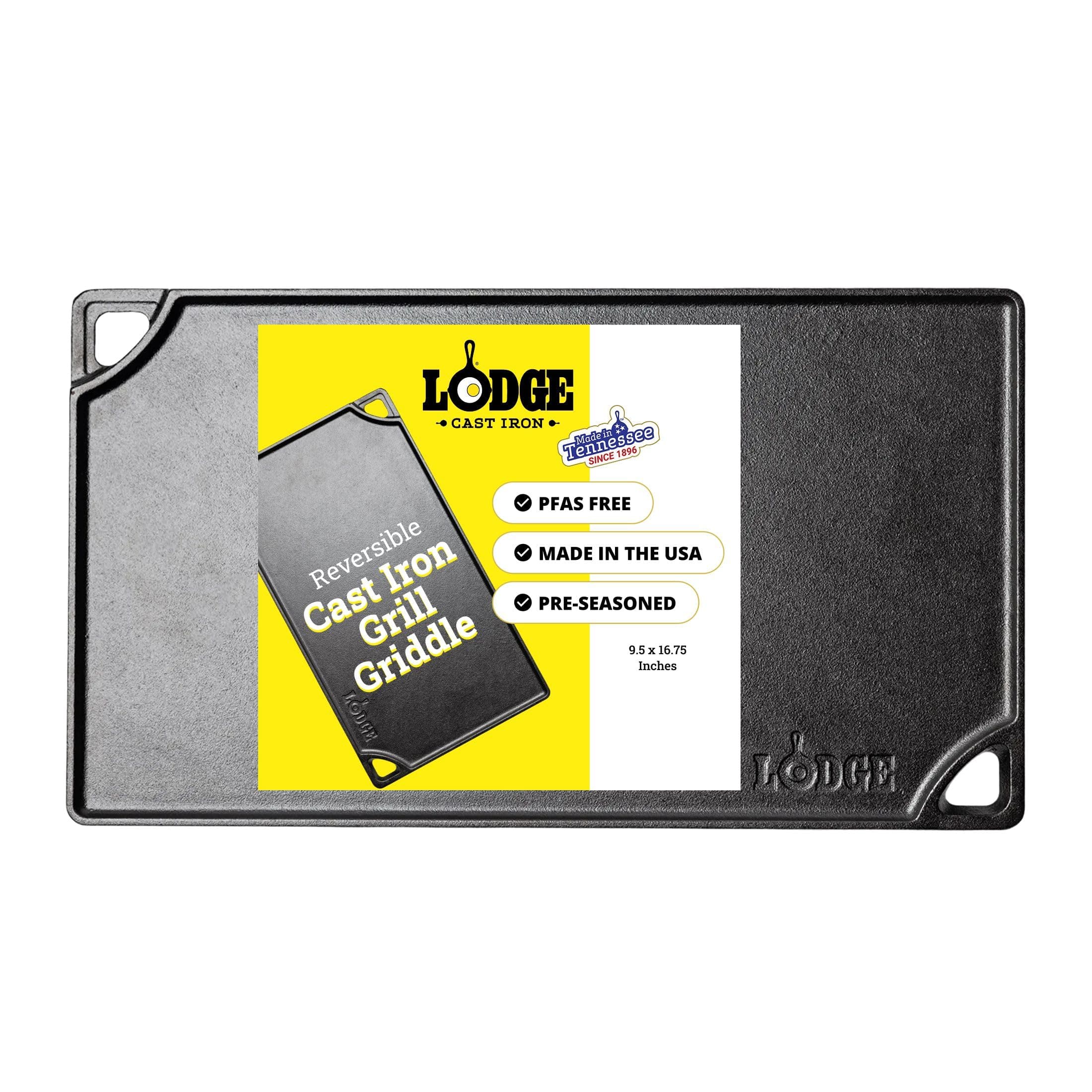 Double Play Reversible Cast Iron Grill/Griddle - Dual-Sided with Double Burner Configuration for Eggs, Pancakes, Burgers & More - Seasoned, Non-Toxic Cookware - Heavy-Duty Grill Pan - Black