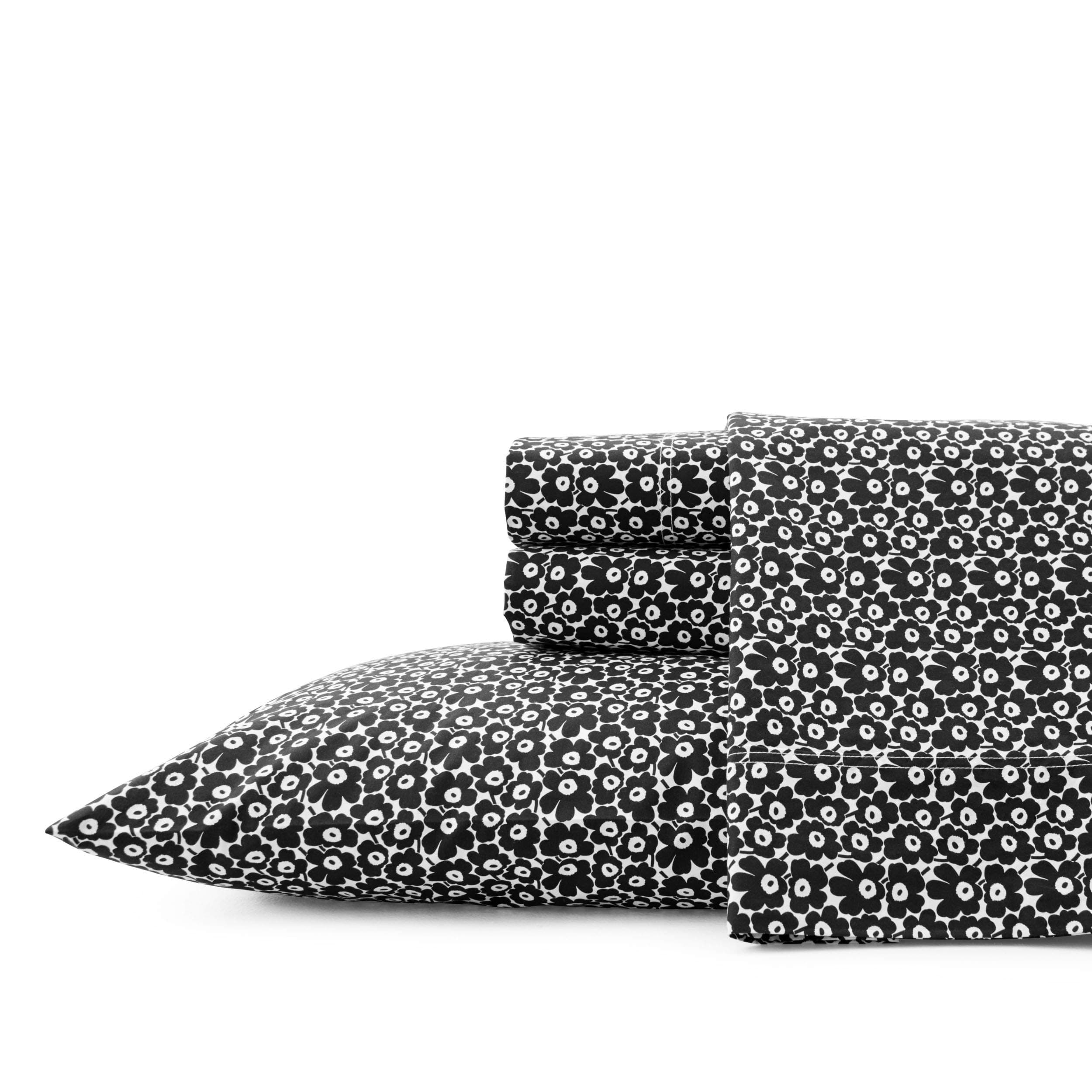 King Sheets, Cotton Percale Bedding Set, Crisp & Cool Home Decor (Pikkuinen Unikko Black, King)