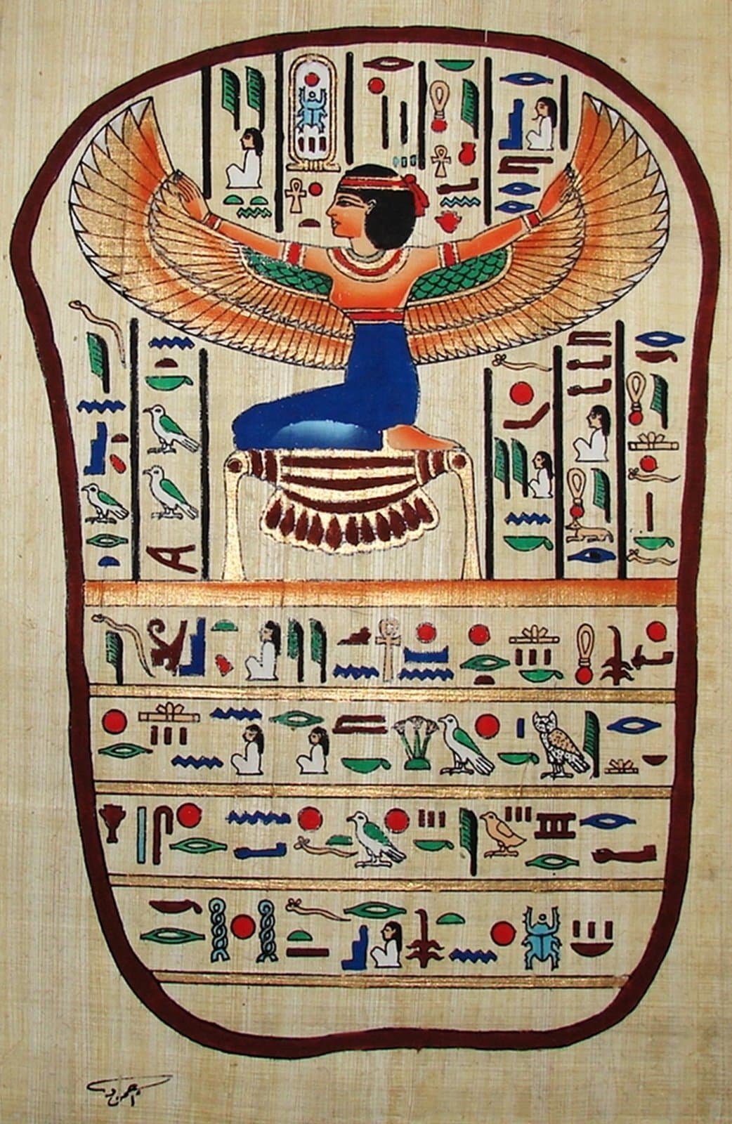 Egyptian Hand-Painted Papyrus Artwork (Imported): Winged Isis Seated on Gold: King Tut's Coffin