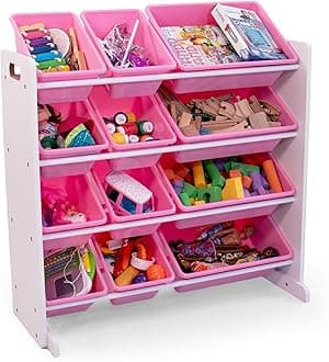 Kids Toy Storage Organizer with 12 Plastic Bins, White/Pink – Removable Bins for Playroom, Bedroom, Toddler Furniture for Boys and Girls Ages