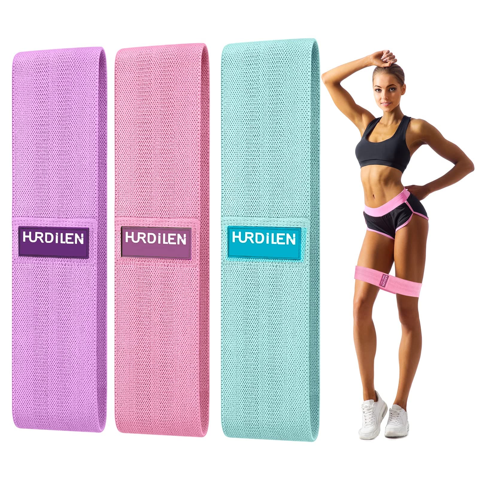 Hurdilen Resistance Bands Loop Exercise Bands,Workout Bands Hip Bands Hip Resistance Band for Legs and Butt,Activate Glutes and Thigh (Pink,Light Purple,Green)