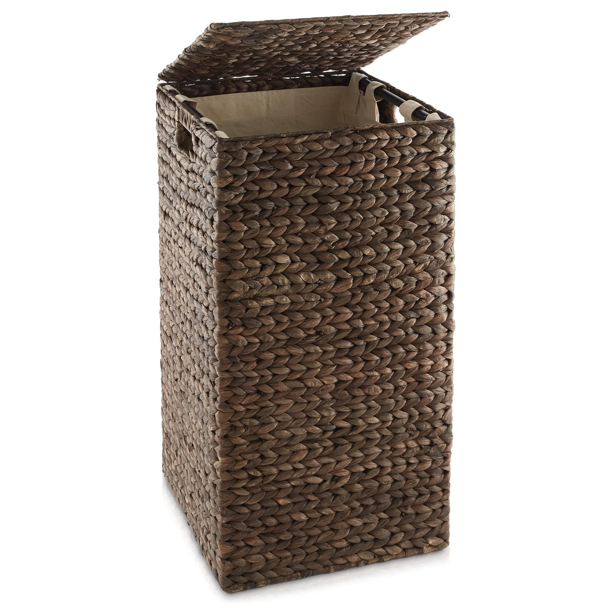 Casafield Laundry Hamper with Lid and Removable Liner Bag - Espresso Dark Brown, Woven Water Hyacinth Square Laundry Basket Sorter for Clothes, Towels