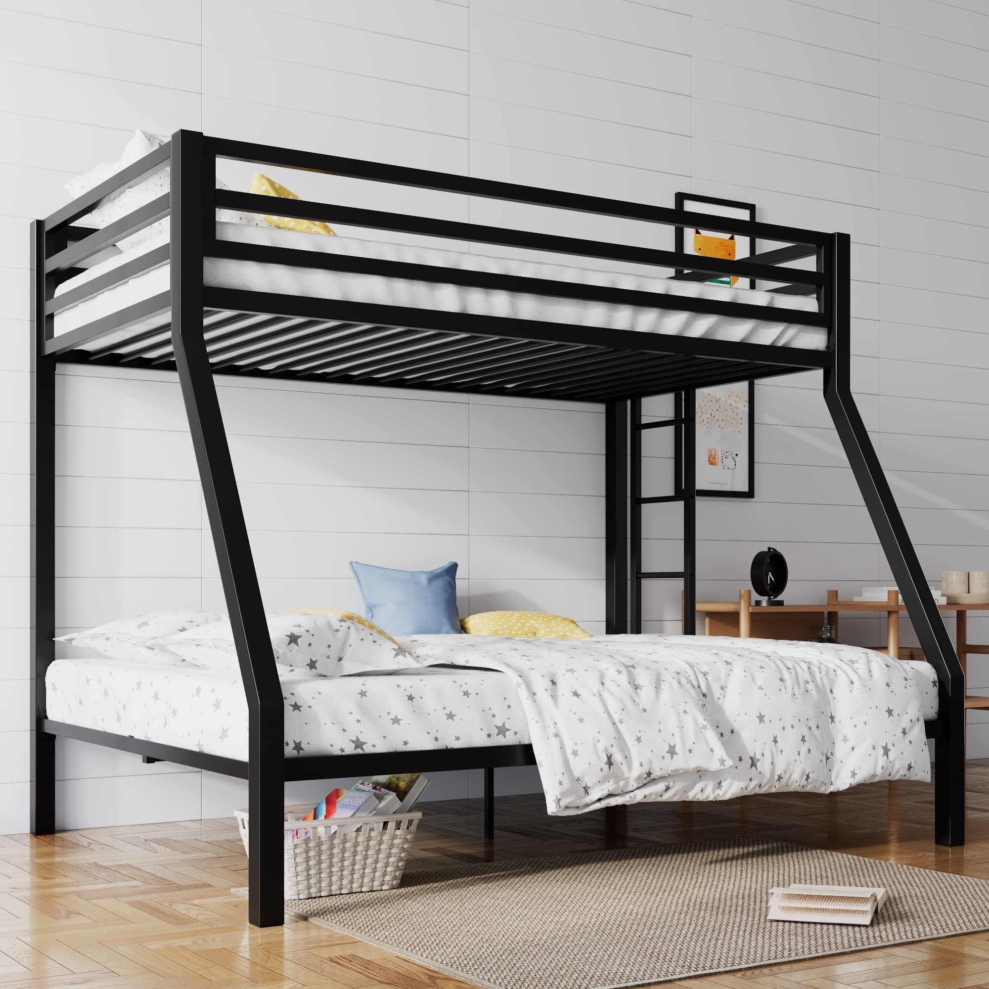 Loft Bunk Bed Twin Over Full Size with Ladder and Guardrail,Heavy Duty Metal Slats Support No Box Spring Needed Small Space Saving Furniture for Bedroom Dorm,Black