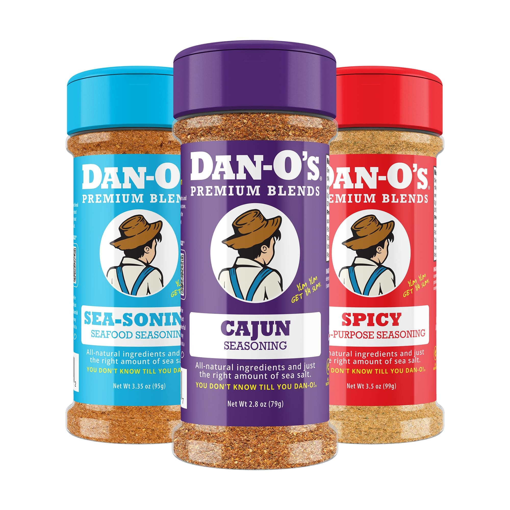Dan-O's 3 Bottle Seasoning Set, Small Bottles, 3 Pack, Includes Spicy, SEA-soning and Cajun Seasonings, Sugar Free, Zero Calorie, Use this Seasoning Kit on Meat, Seafood or Jambalaya