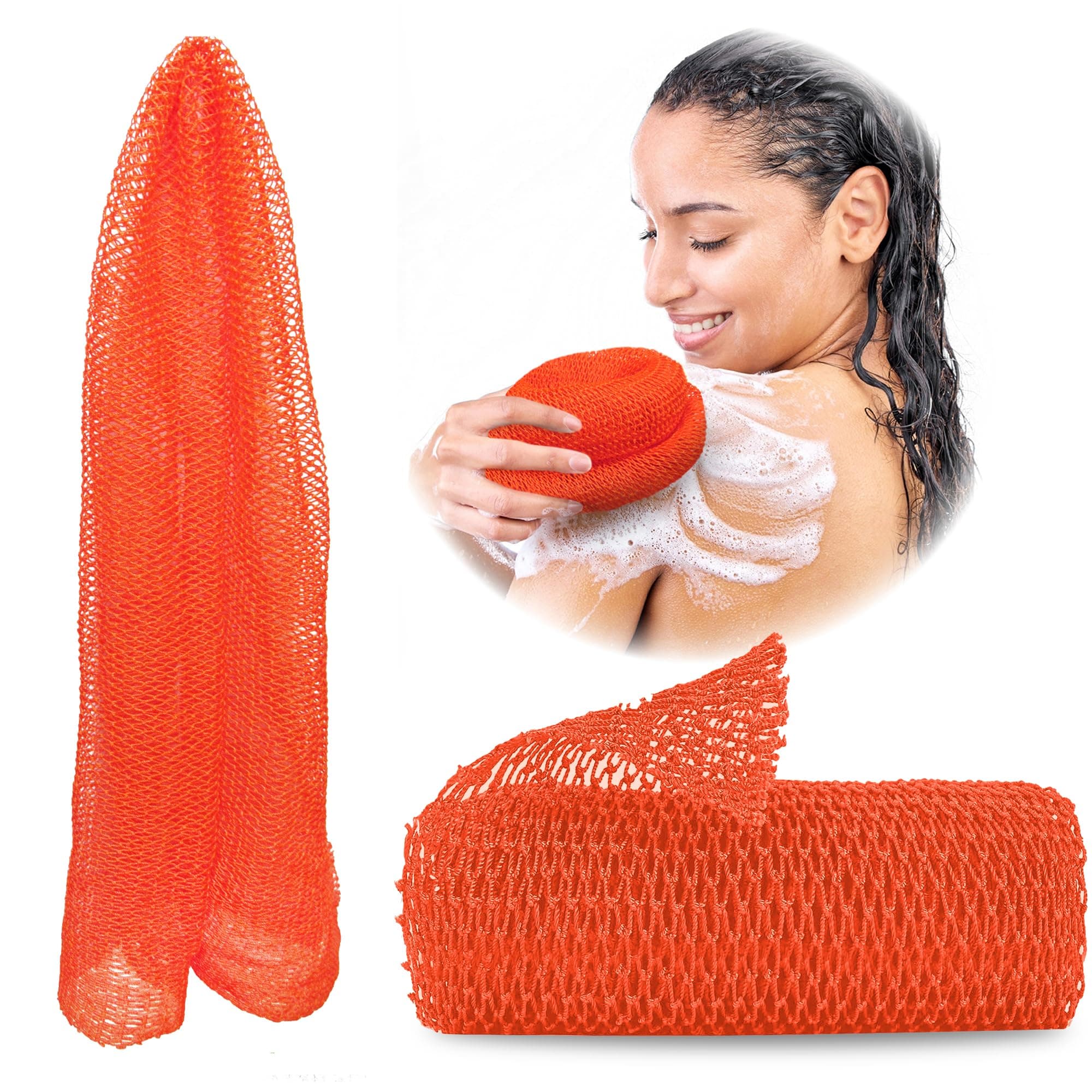 Adeton African Net Sponge, Exfoliating Body Scrubber, Body Exfoliator, Long Net Sponge, 17 Colors, Sapo, Shower Bath Accessories, Back Foot Scalp Scrub, Flat Dead Skin Remover Body Wash (Orange)