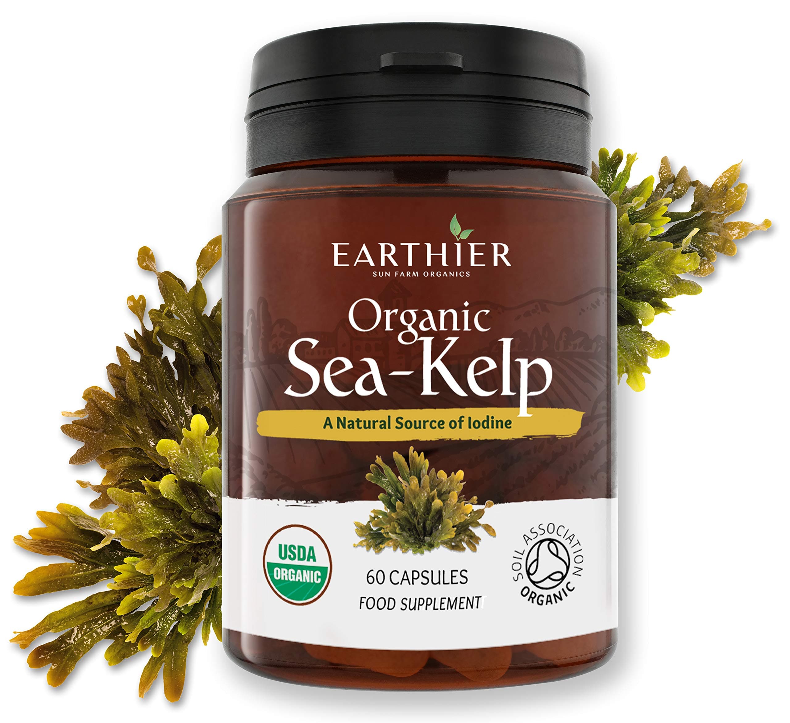 Certified Organic Iodine from 500mg Sea Kelp Giving 385mcg Iodine per Capsule 256% RDA Contributes to Normal Thyroid Function