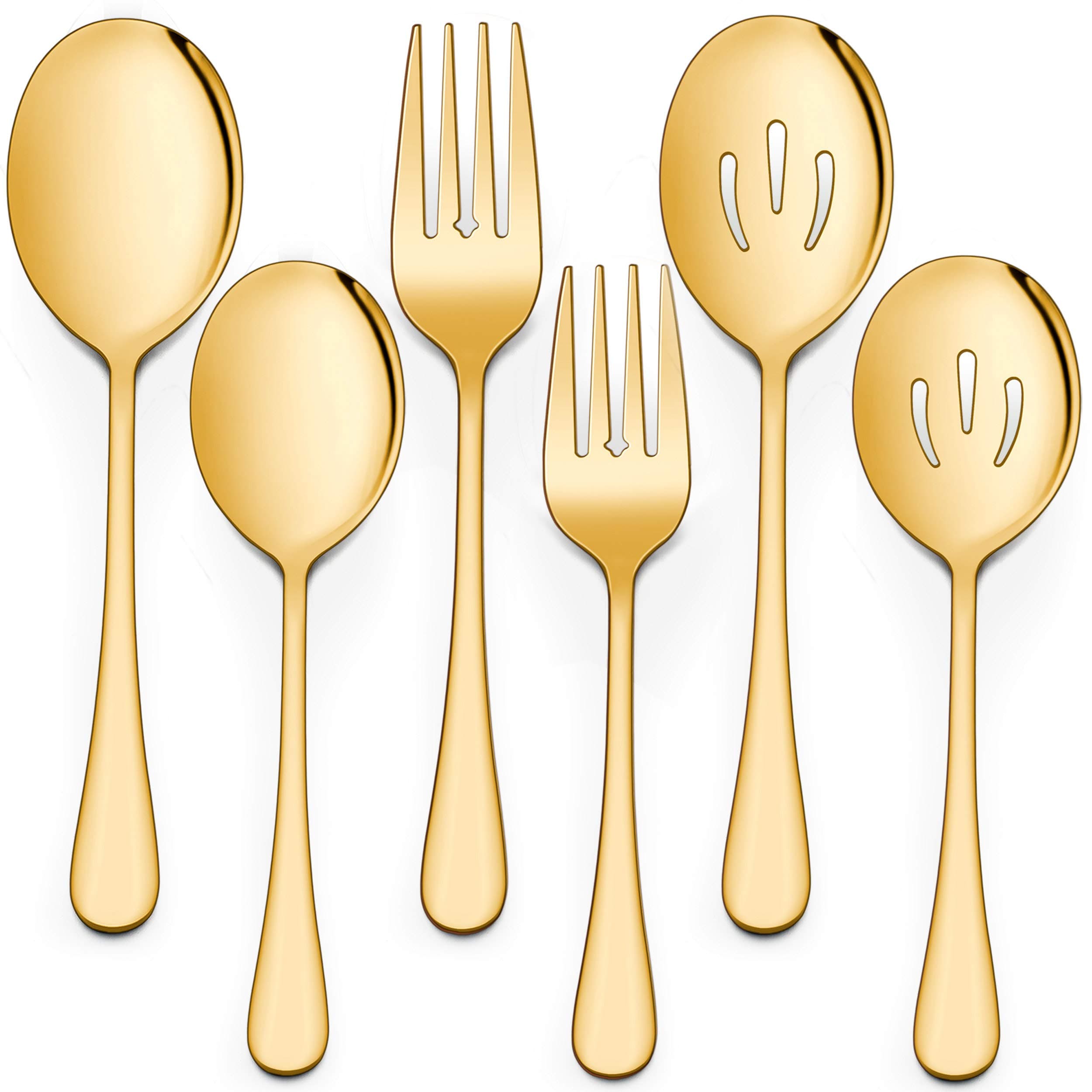 6 Pack Gold Serving Spoons and Forks Set, 8 3/4 Inch Stainless Steel Buffet Catering Party Banquet Serving Spoon Fork Set, Dishwasher Safe
