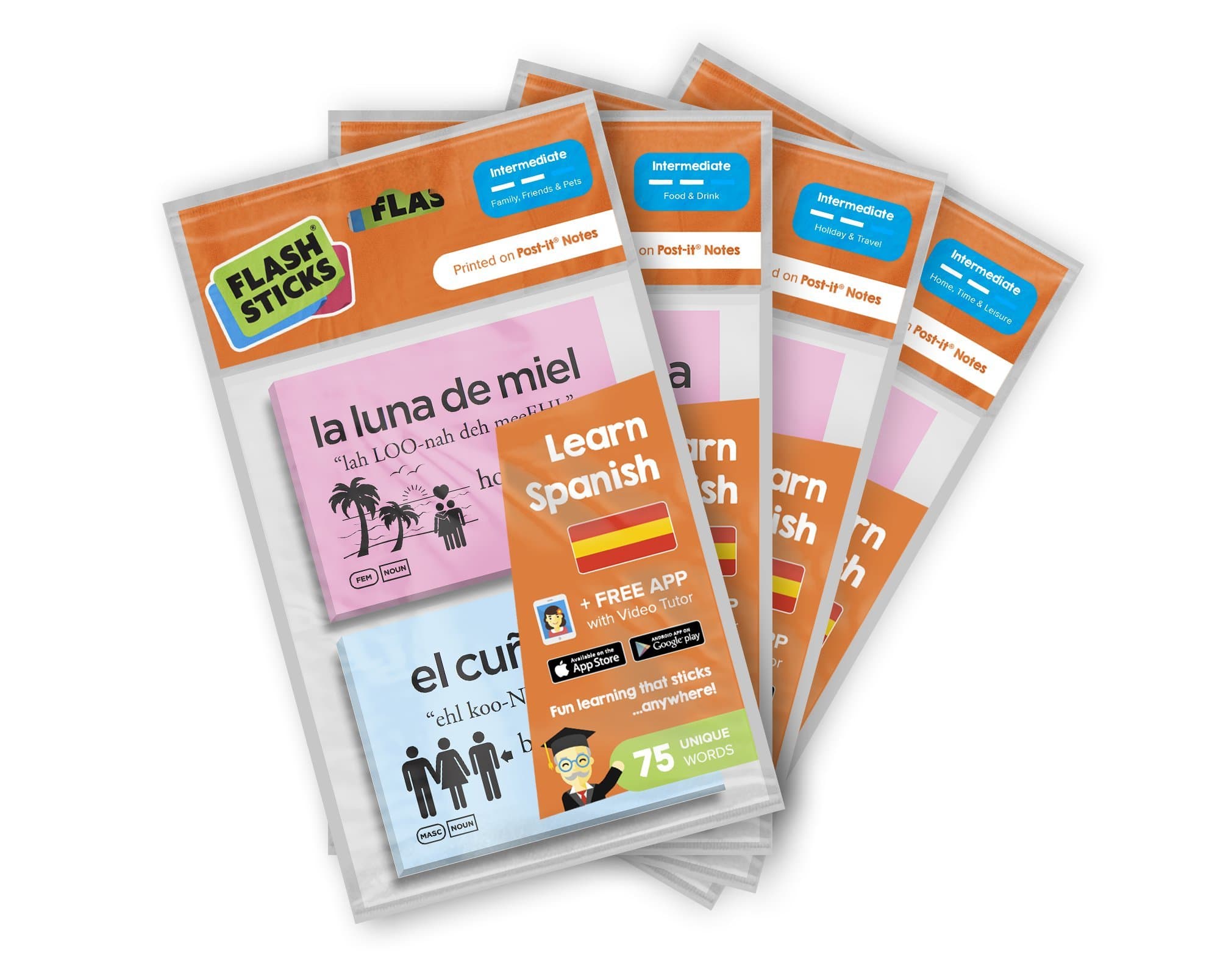 FlashSticks Spanish Intermediate Post-it Notes Topic Pack Bundle (300 words)