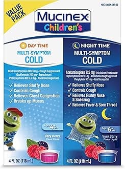 Mucinex Cold & Cough, Children's Multi-Symptom Day/Night Liquid, Very Berry, 8oz (2x4oz) Relieves Nasal & Chest Congestion, Thins & Loosens Mucus, Controls Cough, Reduces Fever, Soothes Sore Throat