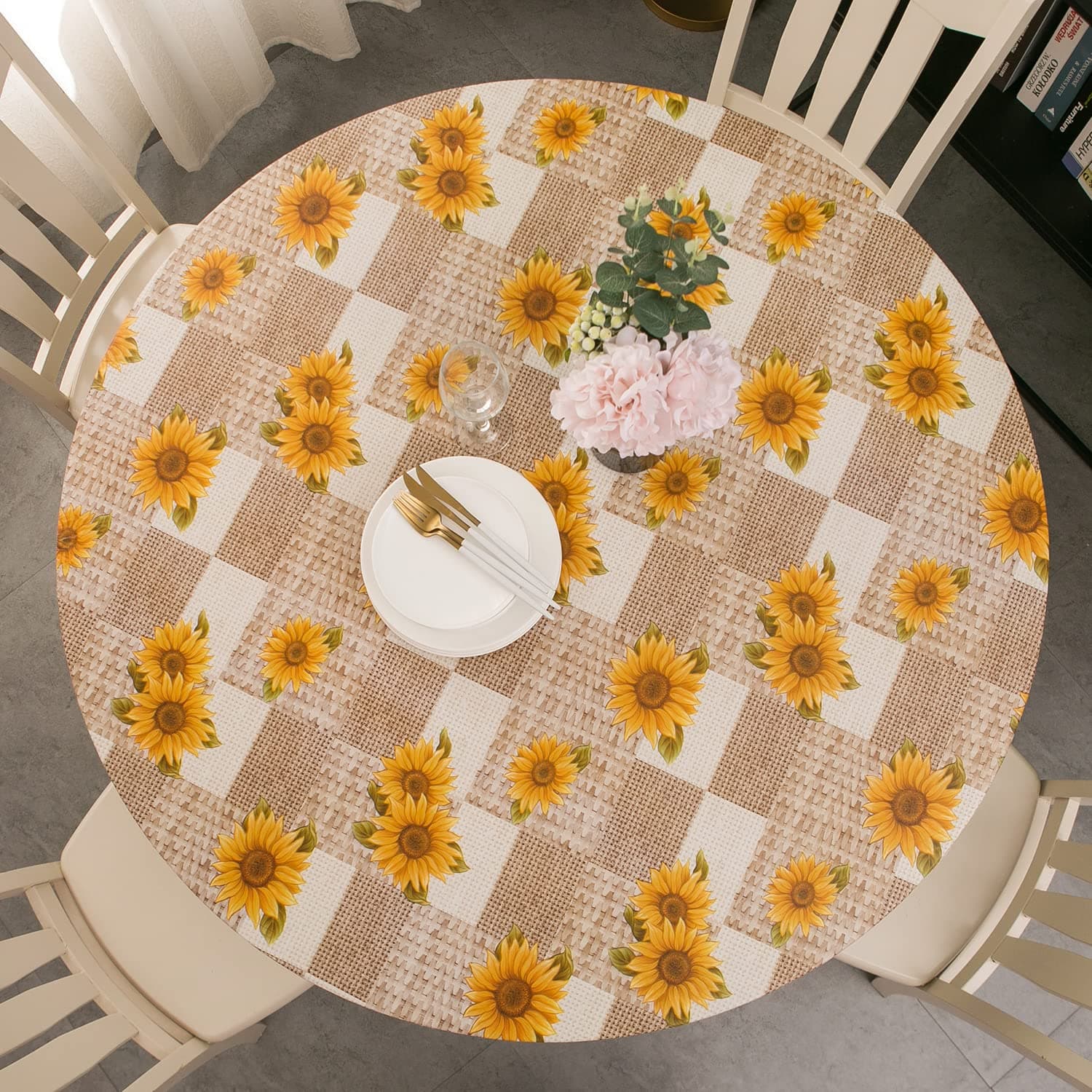 Round Vinyl Fitted Tablecloth with Flannel Backing Elastic Table Cloth Waterproof Oil-Proof Plastic Table Cover Sunflower