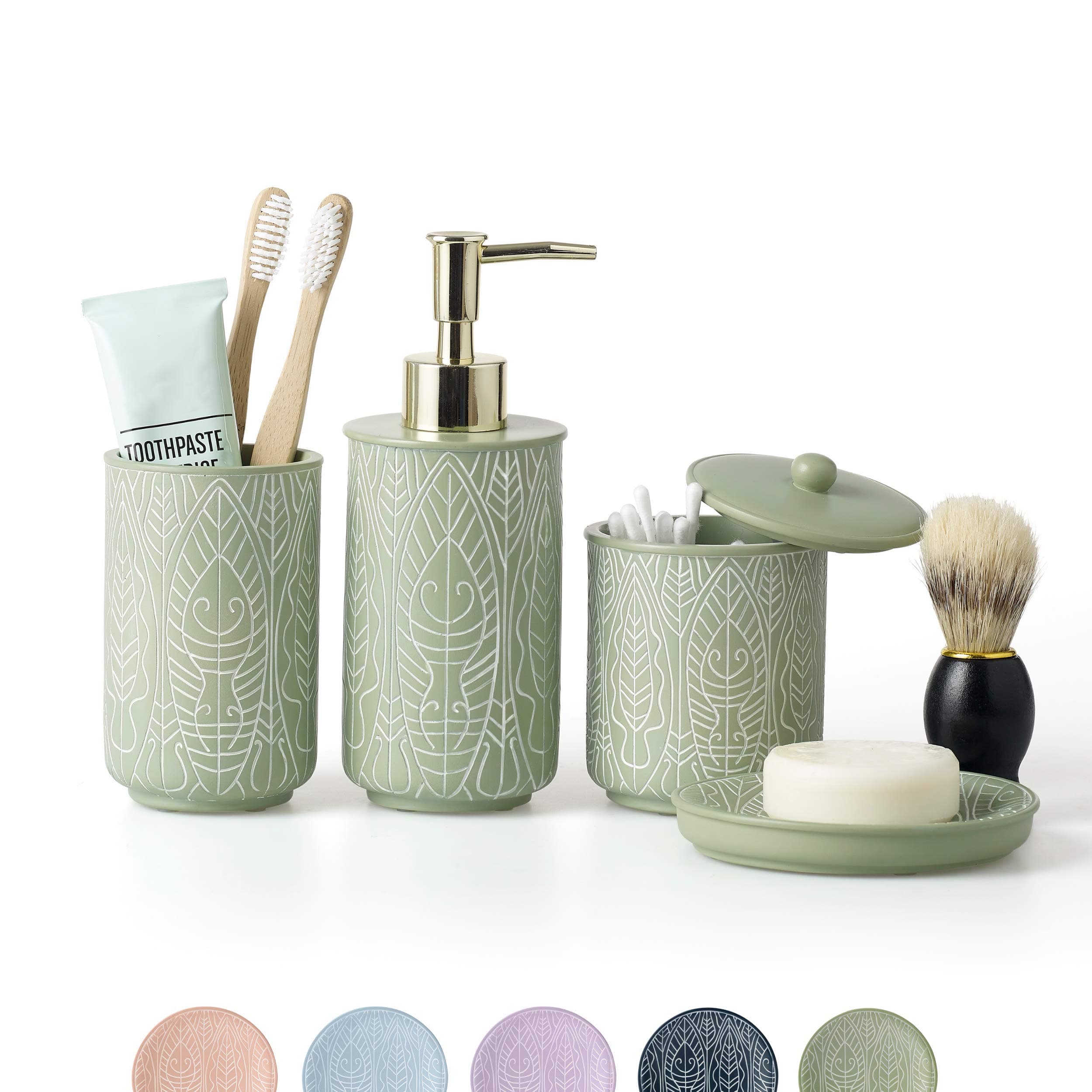 VIRTUNE Premium Pastel Green Bathroom Accessory Set, Boho Decor. Includes Toothbrush Holder, Soap Dispenser, Tumbler, Trash Can. Green Plastic, Painted Finish