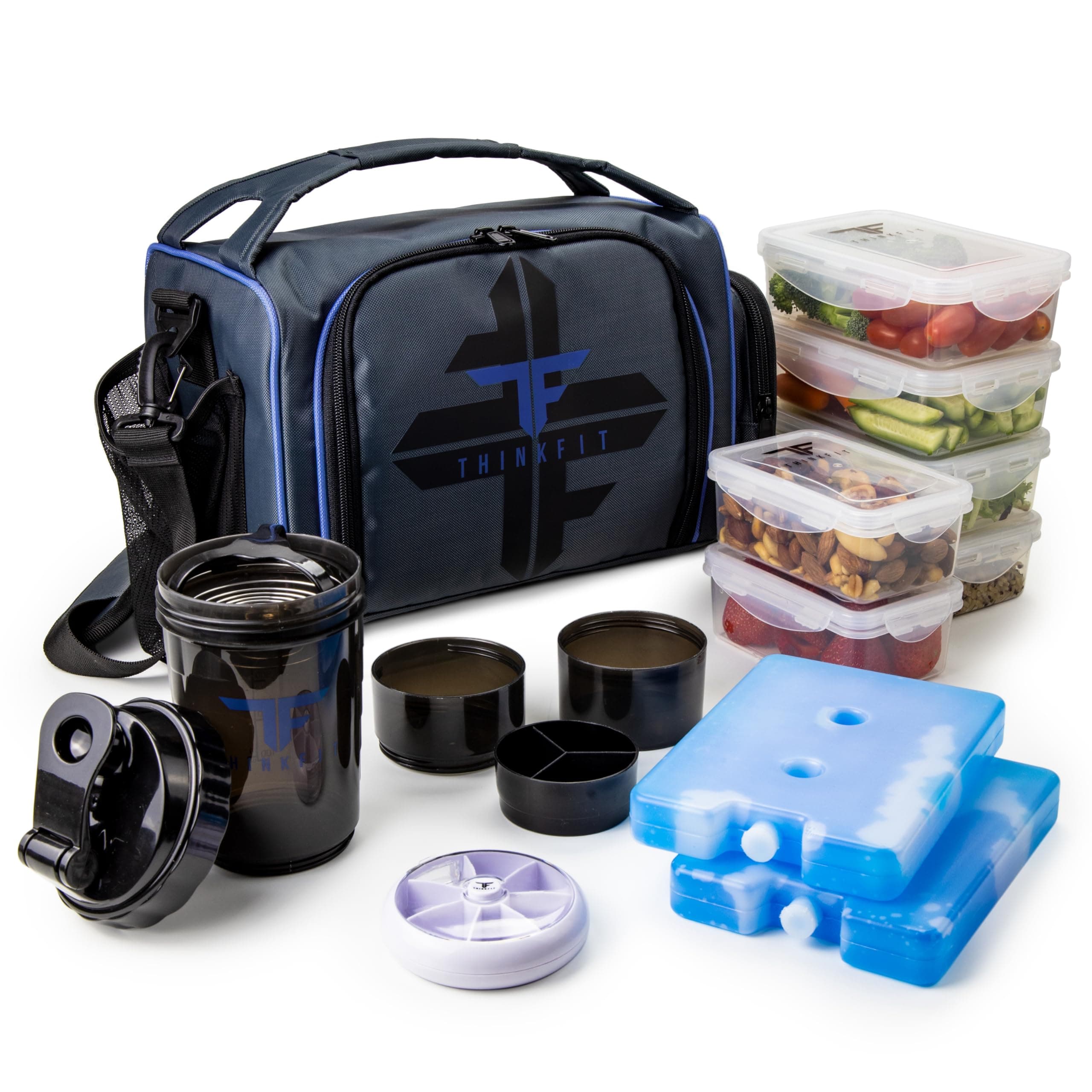 ThinkFit Insulated Lunch Boxes with 6 Portion Control Containers, Reusable Ice Pack, Pill Box, Shaker Cup, Shoulder Strap and Extra Storage Pocket (Blue)