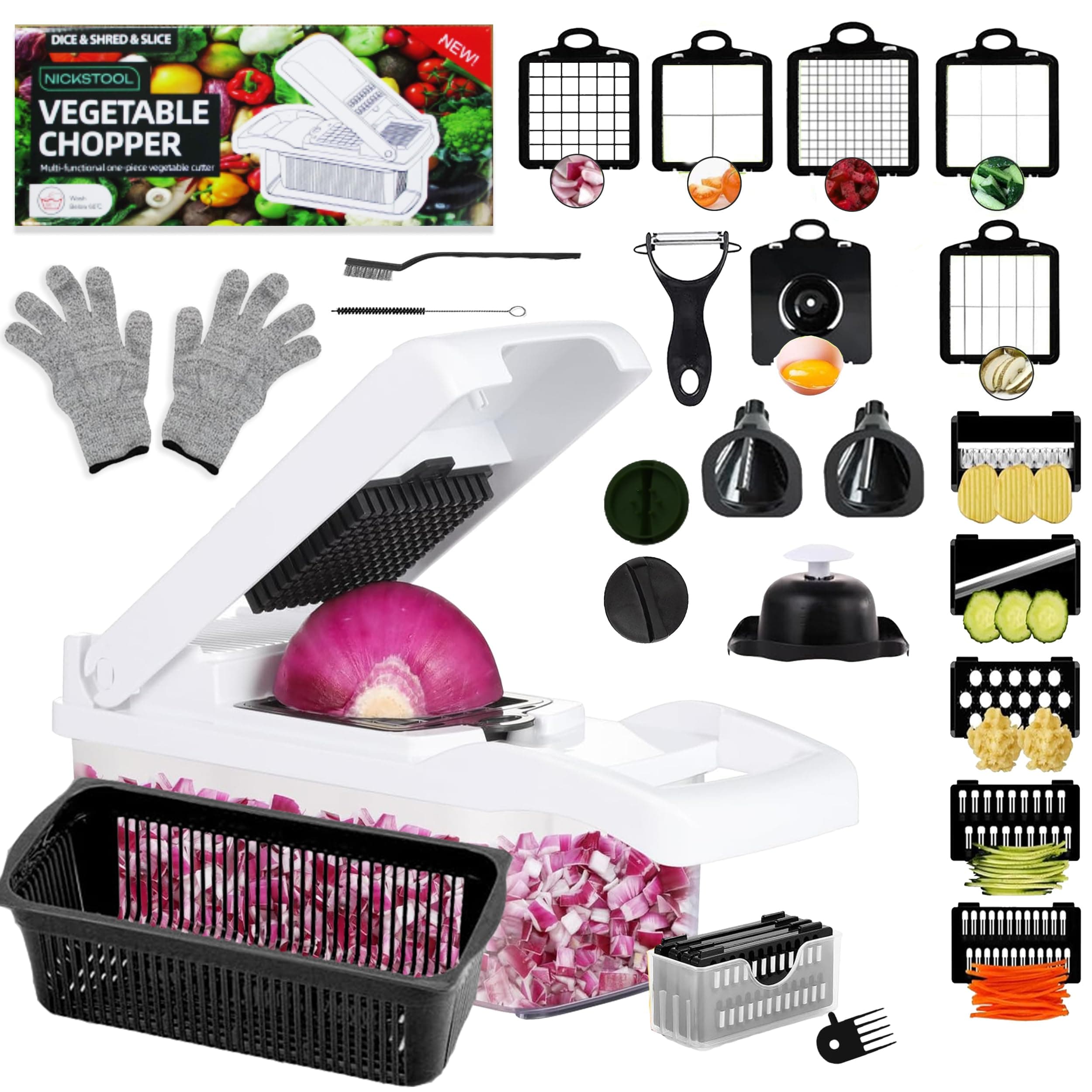 26-in-1 - Heavy Duty Vegetable Chopper with Container - Stainless Steel Blades - Slicer, Chopper, Spiral & Dicer for Veggies With Hand Guard, Cut Resistant Gloves & Cleaning Brushes - Black