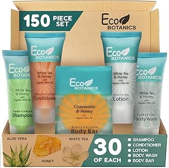 Travel Size Hotel Toiletry Set 150 Count 0.85 oz Bottles Guest Amenities for Vacation Rentals and Short Term Rentals Paraben Free White Tea Scent Infused with Aloe and Olive Oil by Eco Botanics