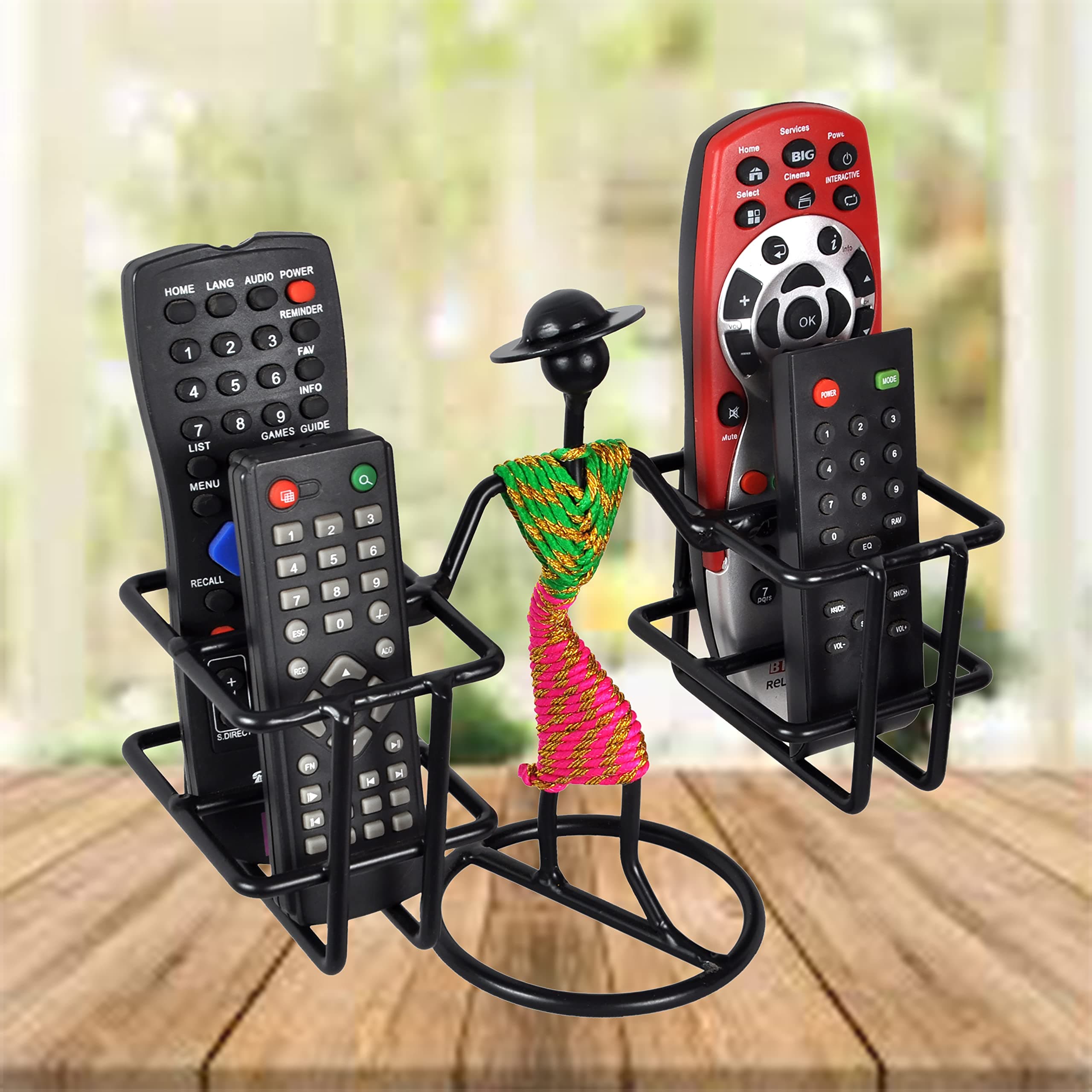 D&V Engineering Metal Stylish Lady Design Tabletop Remote Holder/Stand/Organiser | Living Room Showpiece for TV, AC, DVD, DTH Remotes | Holds 4 Remotes (Green & Pink)