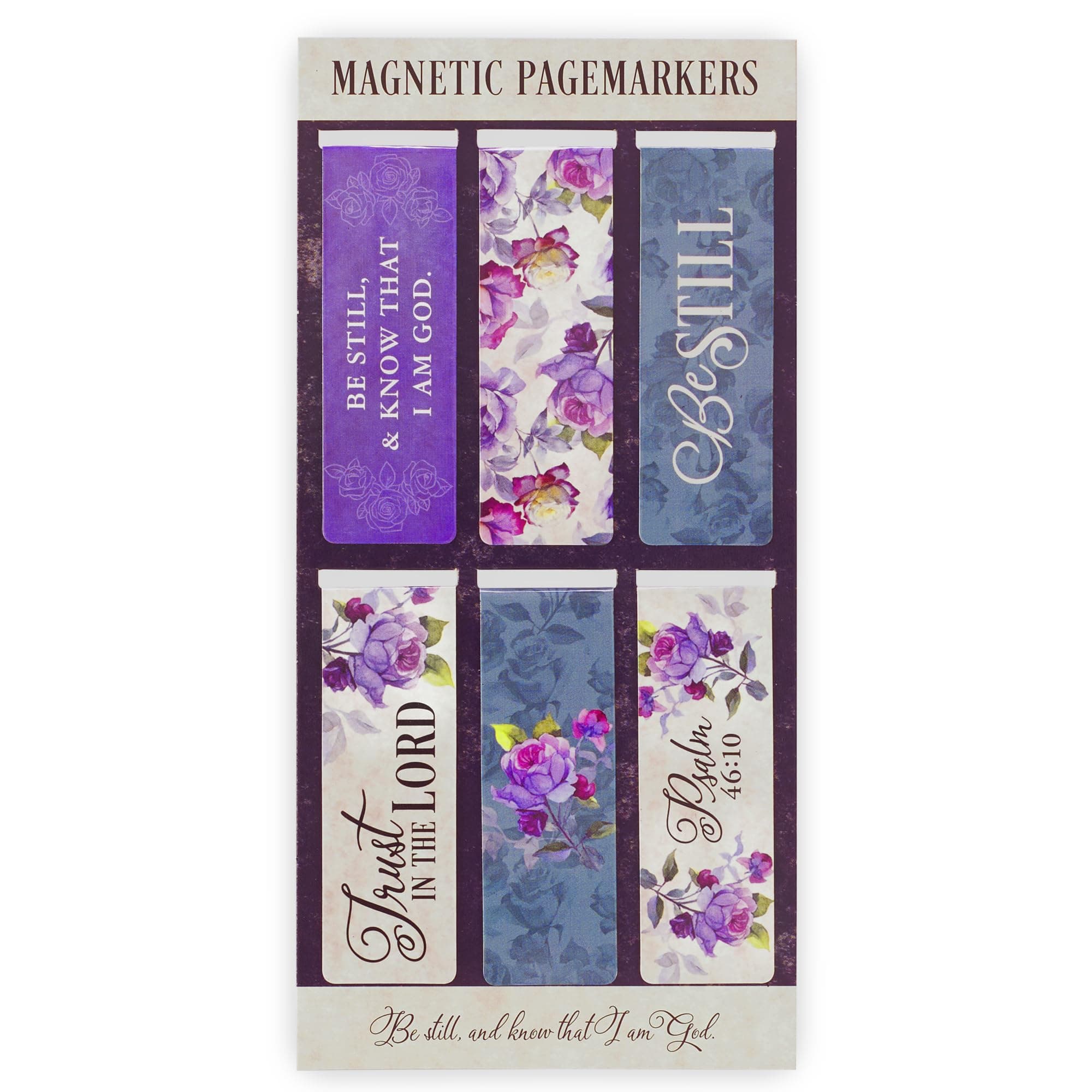 Christian Art Gifts Magnetic Scripture Bookmark Set for Women: Be Still and Know - Psalm 46:10 Inspirational Purple Rose Magnetic Bible Verse Pagemarker Set of 6 for Bibles and Books, Size 2.3" x 0.8"