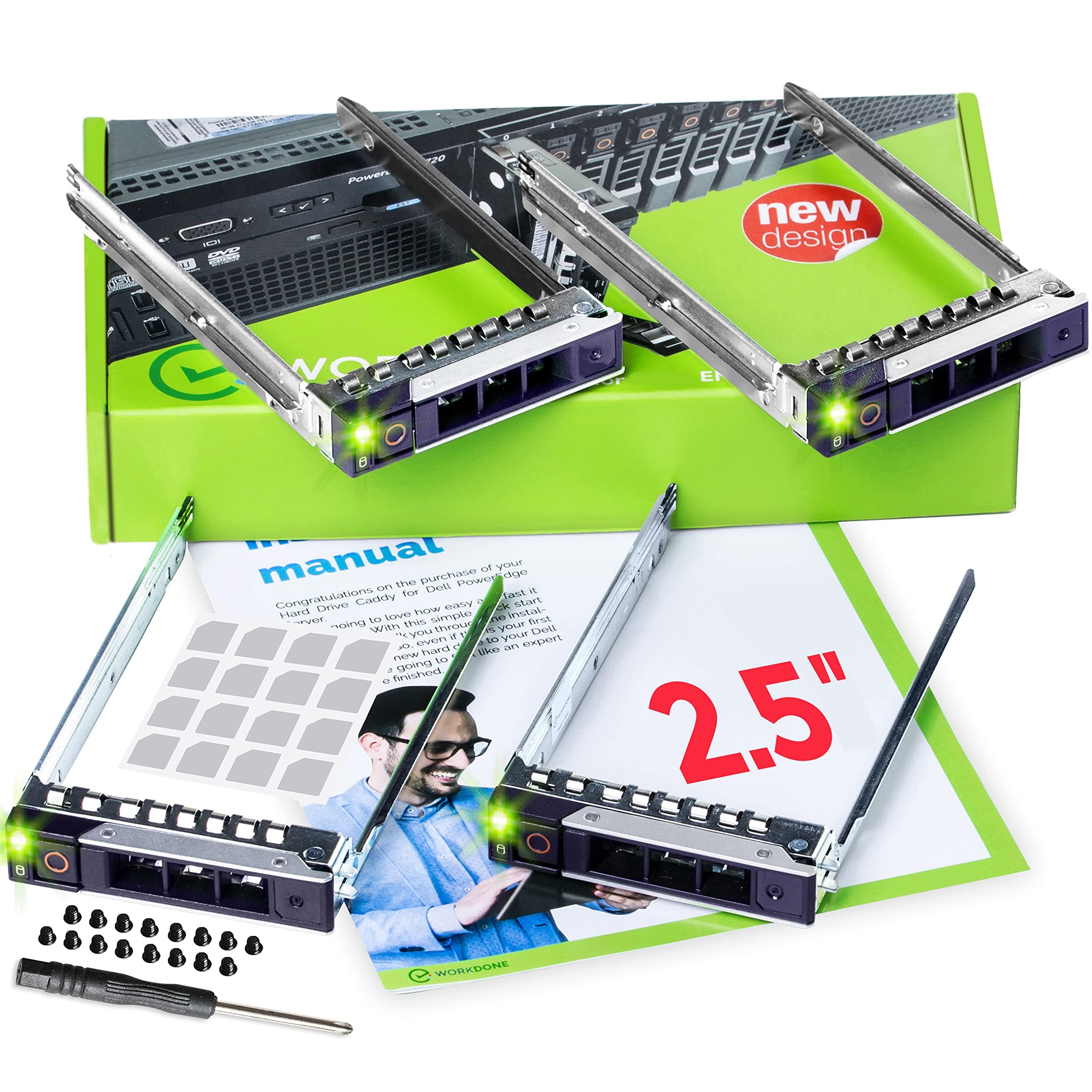 WorkDone 4-Pack - 2.5" Hard Drive Caddy - Compatible for Dell PowerEdge Servers - 14th Gen R440 R640 R740 R740xd R840 R940 R6415 and More - SSD SAS SATA NVMe Tray - Setup with Manual