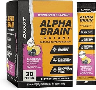 ONNIT Alpha Brain Instant Cognitive Support Drink Mix, BlackBerry Lemonade Flavor, Nootropic Supplement for Focus, Memory, and Clarity, 0.13 oz Packets, 30 Count