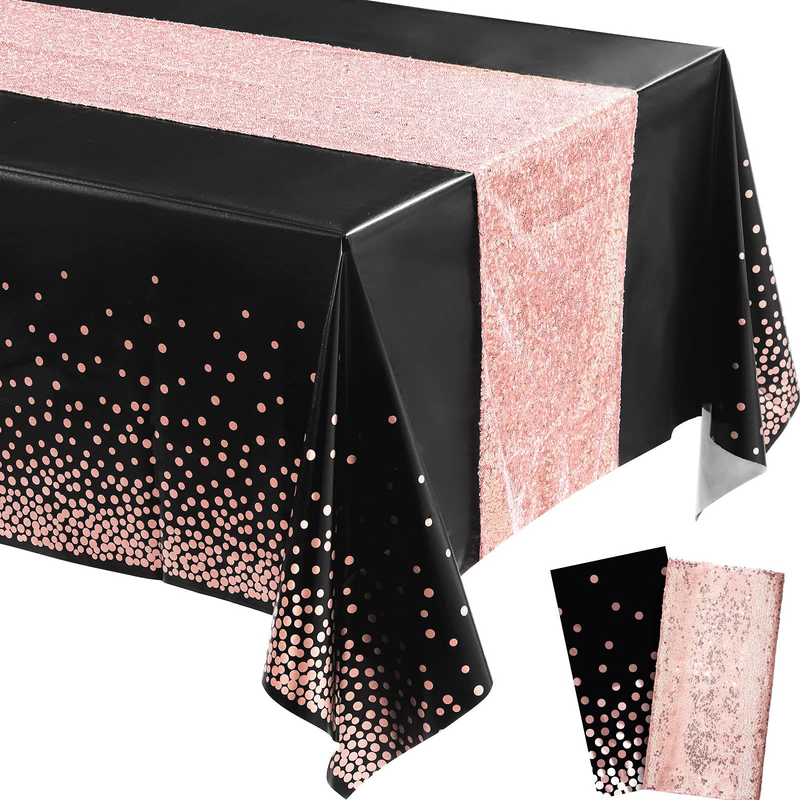 Tablecloth and Sequin Table Runner Set Polka Dots Confetti Table Cover Dining Plastic Table Cloths Glitter Decorations for Birthday Wedding Anniversary Party Supplies (Black, Rose Gold)