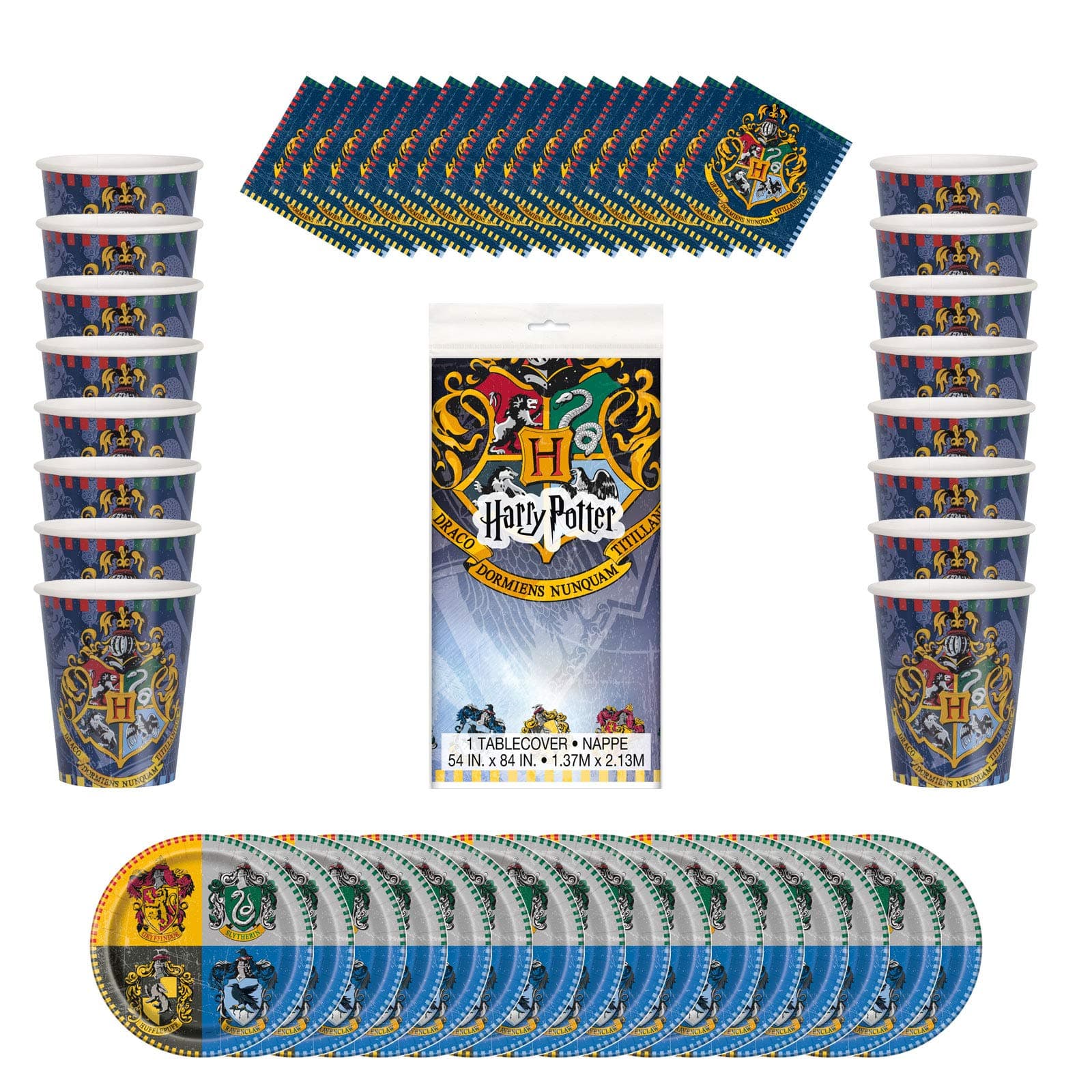 Harry Potter party tableware set with 16 plates, 16 cups, 16 napkins and 1 table-cover