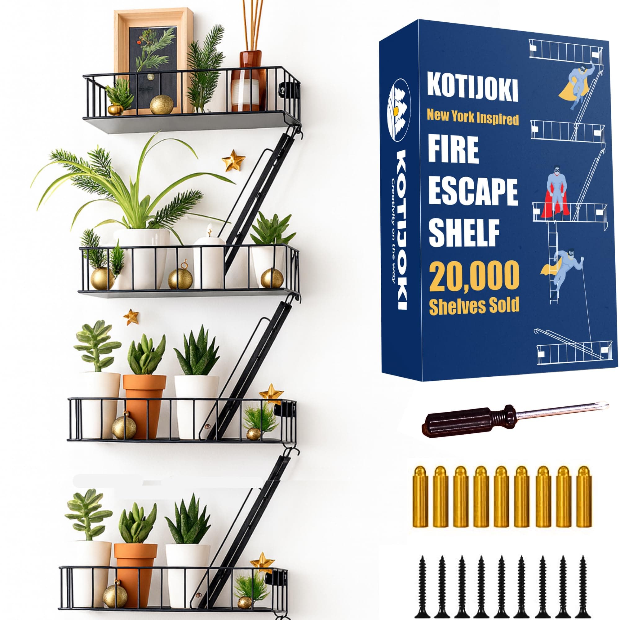 4 Tier Fire Escape Wall Shelf – New York Decorative Floating Shelf – Wall Art Ladder Shelf – Black Metal Trinket Shelves for Bedroom, Home, Office, Storage and Display - Giftable Option