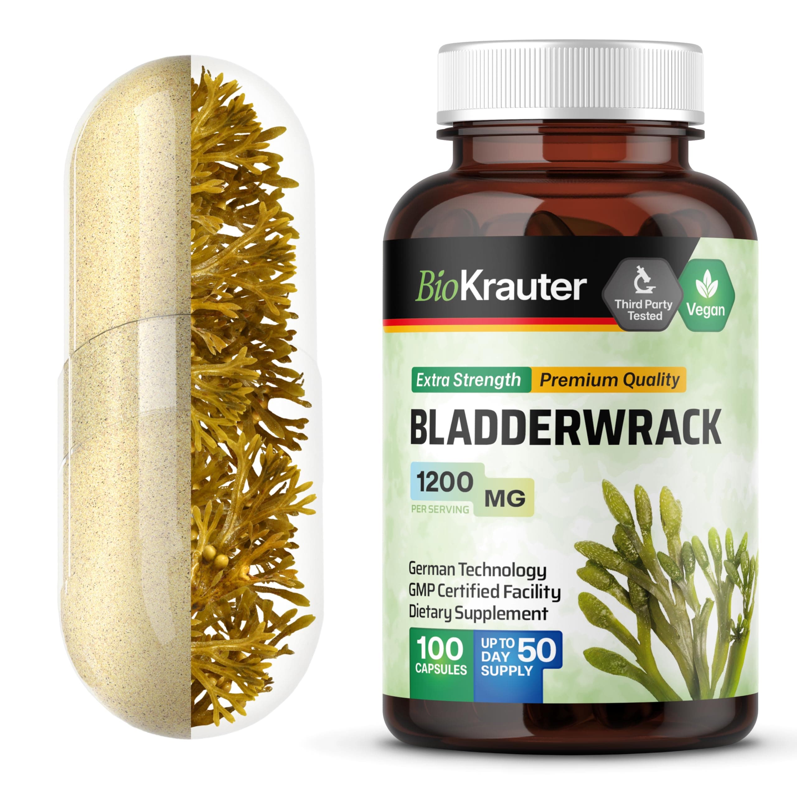 - BIO KRAUTER® Bladderwrack for Thyroid Support - Vegan Iodine Supplement 1200 mg per Serving - Bladderwrack 100 Capsules, 50 Days of Supply, Non-GMO - Natural Seaweed Supplement