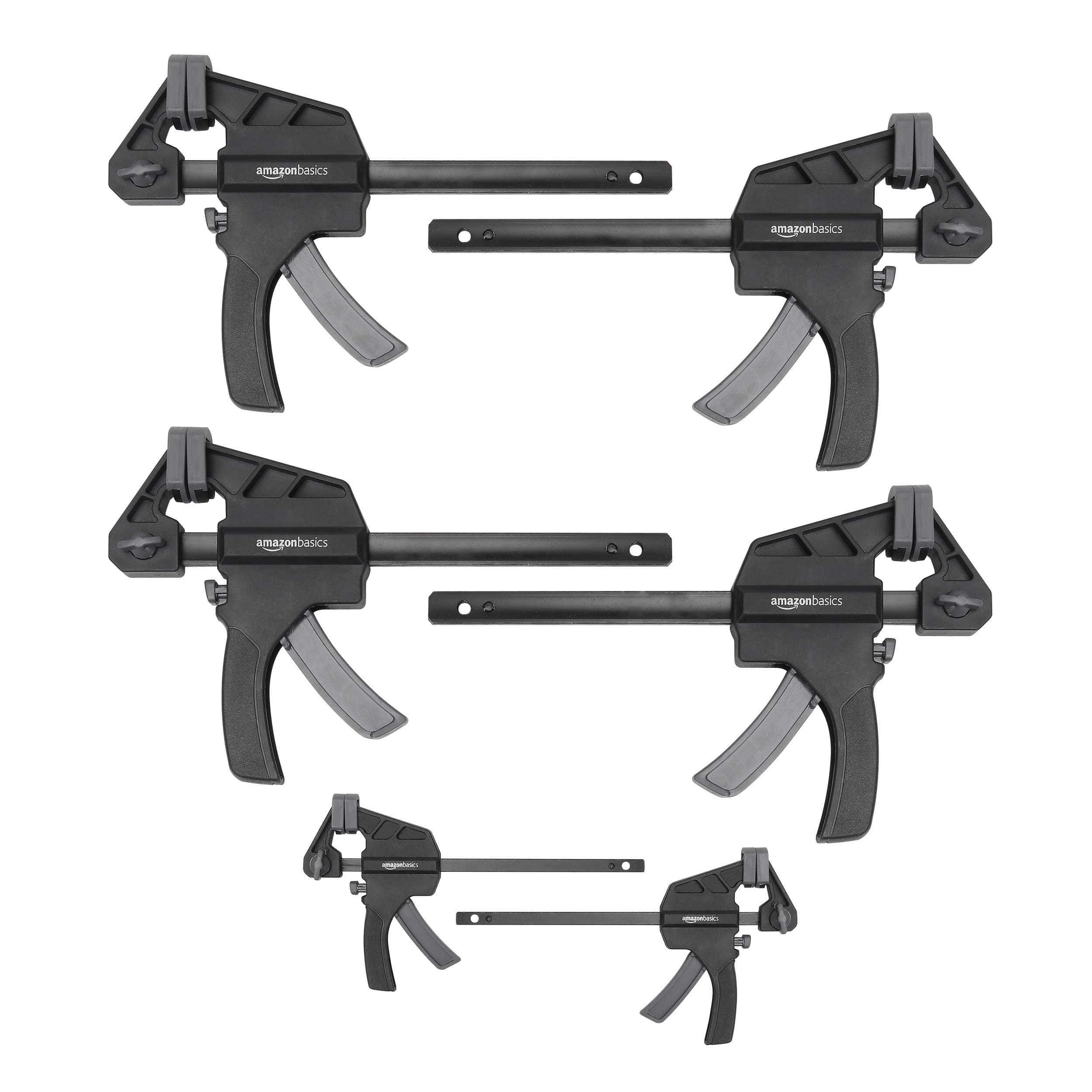Amazon Basics 6-Piece Trigger Clamp Set, 2 Pack of 10.16-cm, 4 Pack of 15.24 centimeters, Black/ Grey