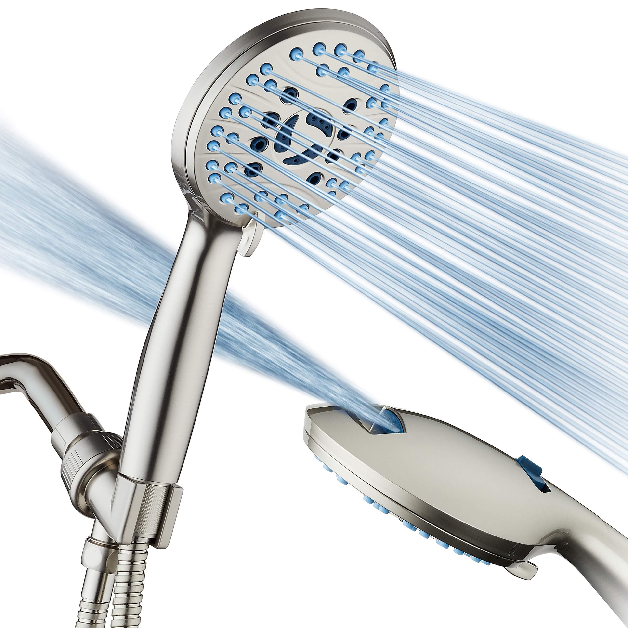 Hotel Spa AquaCare High Pressure 8-mode Handheld Shower Head - Anti-clog Nozzles, Built-in Power Wash to Clean Tub, Tile & Pets, Extra Long 6 ft. Stainless Steel Hose, Wall & Overhead Brackets