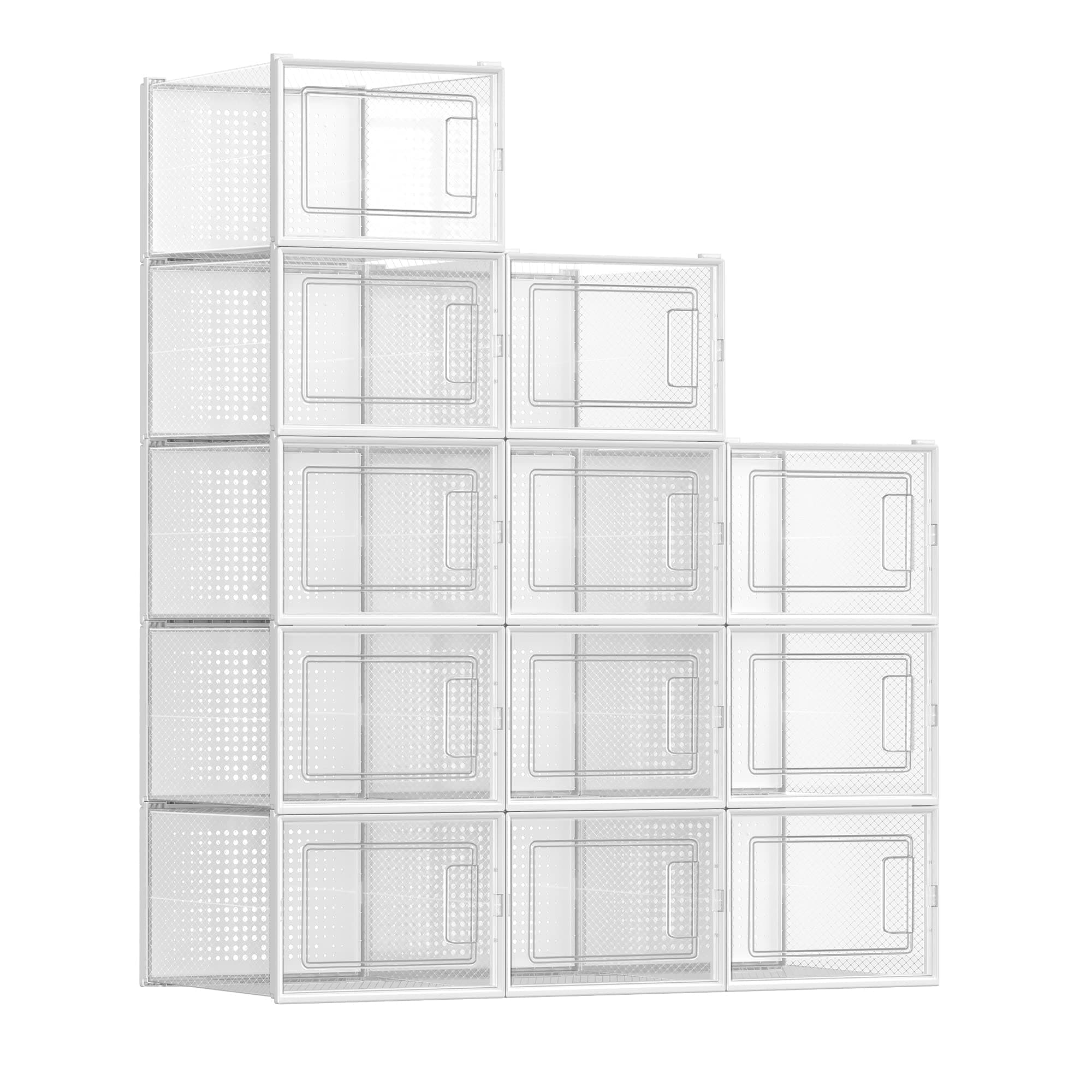 Shoe Boxes, Pack of 12 Shoe Storage Organizers, Stackable Clear Plastic Boxes for Closet, Sneakers, 13.7 x 9.9 x 7.4 Inches, Transparent and White ULSP12MWT