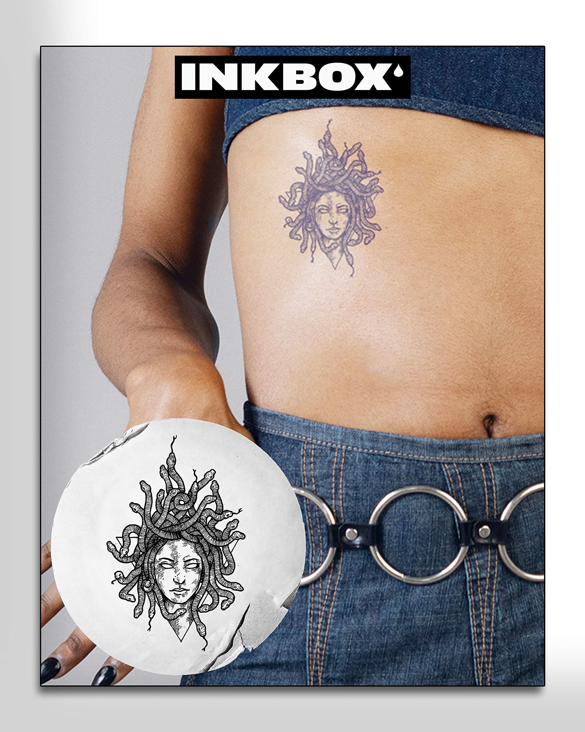 Inkbox, Temporary Tattoos, Semi Permanent Tattoo, One Premium Easy Long Lasting, Waterproof Inkbox Tattoo with For Now Ink. Lasts 1-2 Weeks, Medusa Tattoo, Medusa, 4x4in