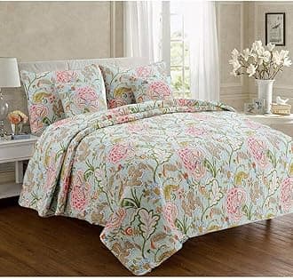 Cozy Line Home Fashions Blooming Red White Floral 100% Cotton Reversible Quilt Bedding Set, Coverlet Bedspread (Camellia Green, King - 3 Piece)
