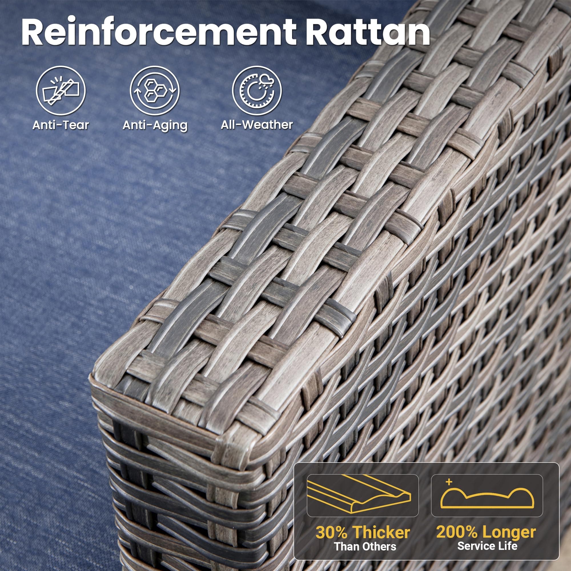 ovios 7 Pieces Patio Furniture Set with Rectangular Fire Pit Table, Swivel Rocking Chairs, Outdoor High Back Wicker Rattan Conversation Set for Deck Porch, Denim Blue