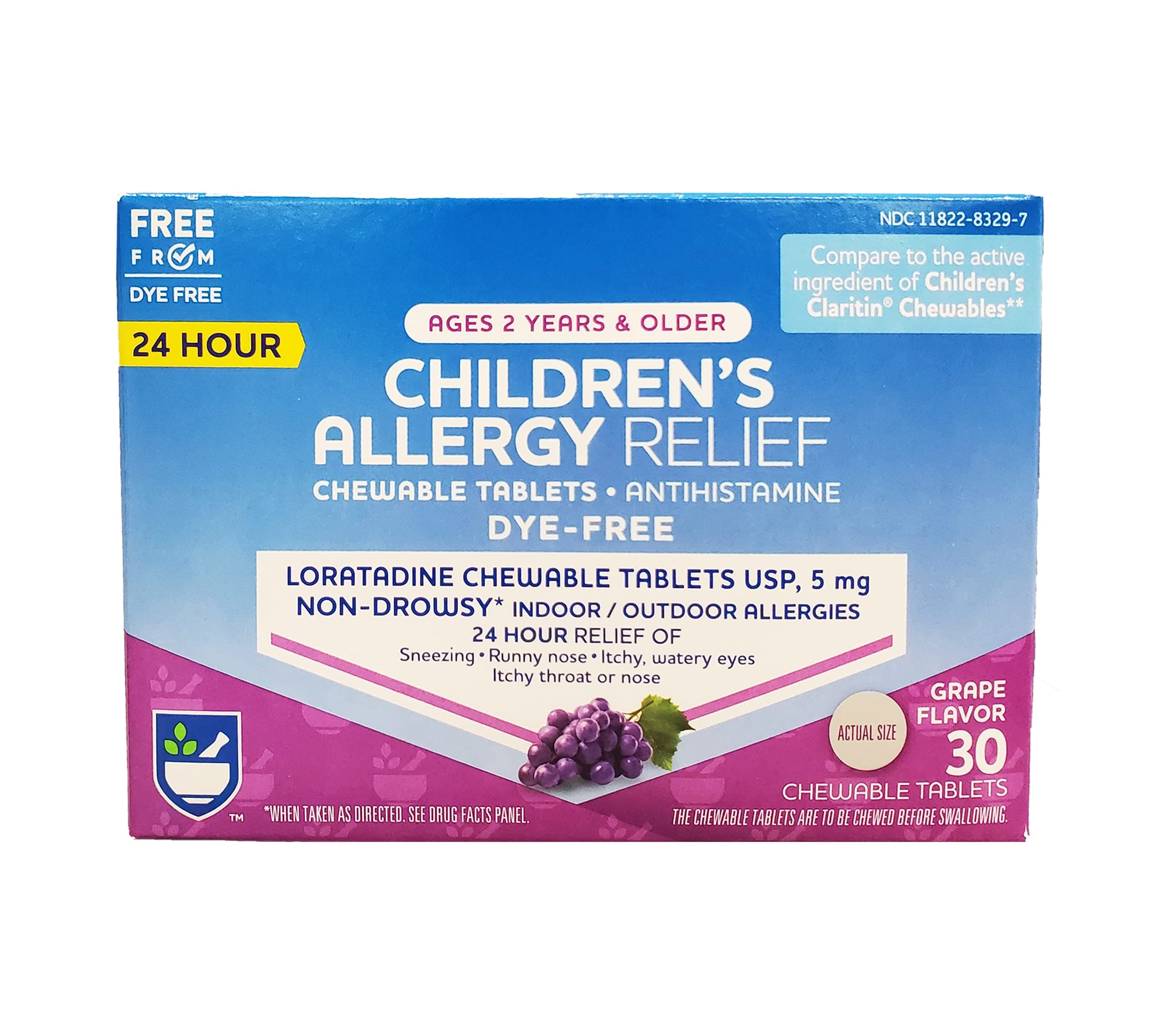 Rite Aid Children's Non-Drowsy Allergy Relief Chewable Tablets, Grape Flavor, Loratadine, 5 mg - 30 Count | Children's Allergy Medicine | Allergy Medication Tablets for Kids' (Old)