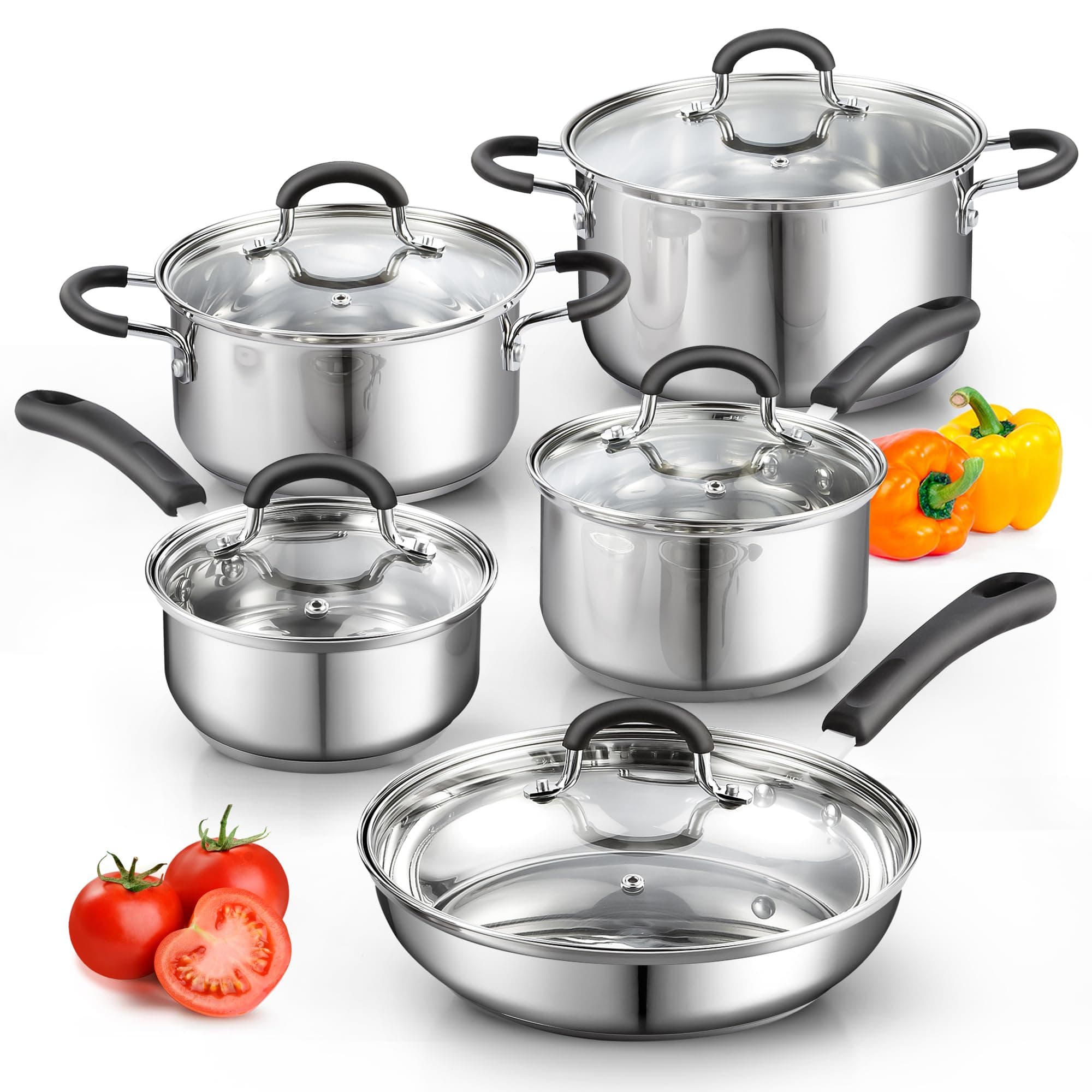 Stainless Steel Cookware Sets 10-Piece, Pots and Pans Kitchen Cooking Set with Stay-Cool Handles, Dishwasher Safe, Silver