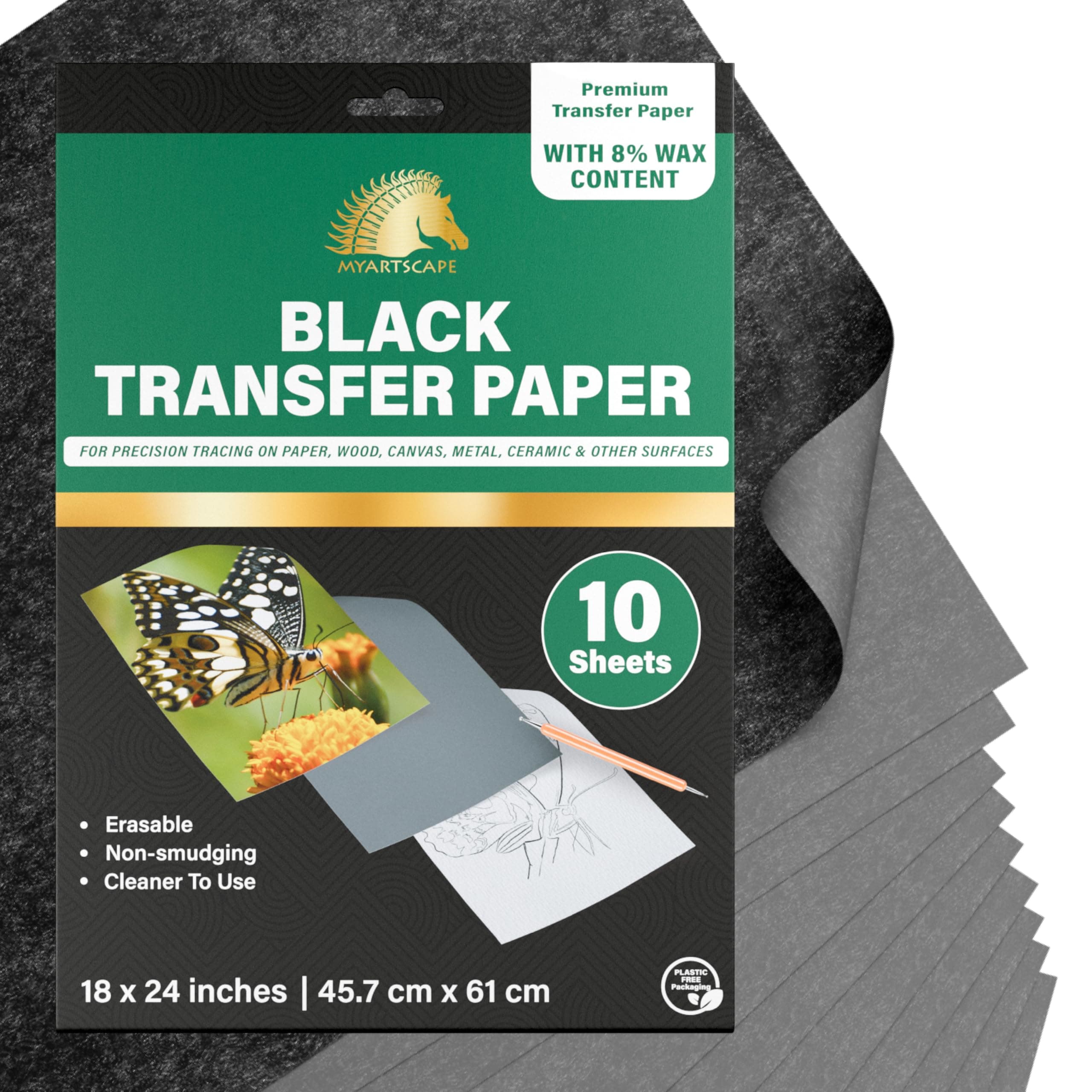 MyArtscape Graphite Transfer Paper 18" x 24" – 10 Large Sheets Black Carbon Paper for Tracing, Drawing & Wood Transfer – Reusable, Erasable Waxed Artist Transfer Paper