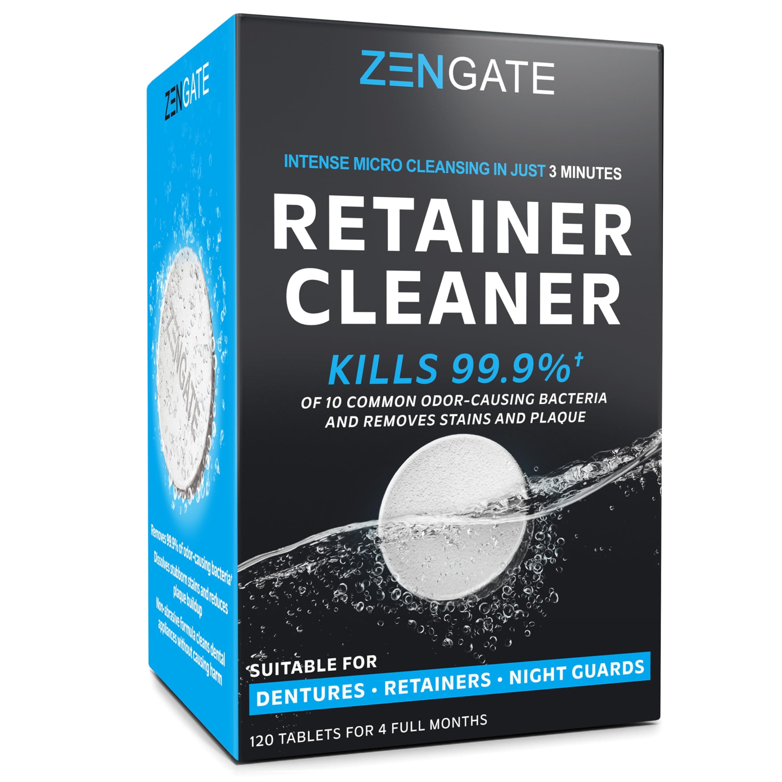 ZENGATE Retainer Cleaner Tablets - Quick 3-Minute Clean for Dentures, Mouth Guards, Aligners, and Night Guards - 120 Dental Cleansing Tablets - FSA HSA Approved Dental Appliance Cleanser