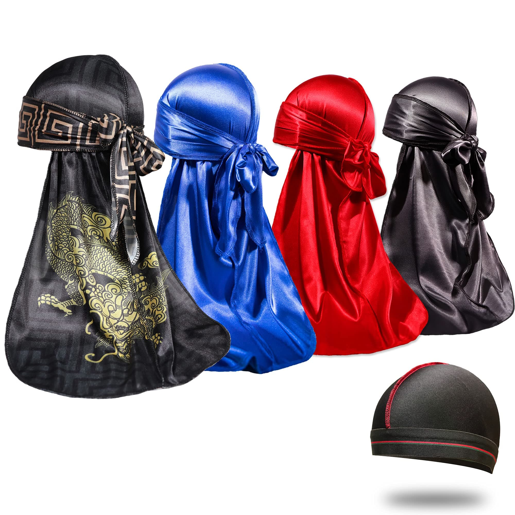 4PCS Silky Durags for Men 360 Waves, Designer Do Rag, Award 1 Wave Cap
