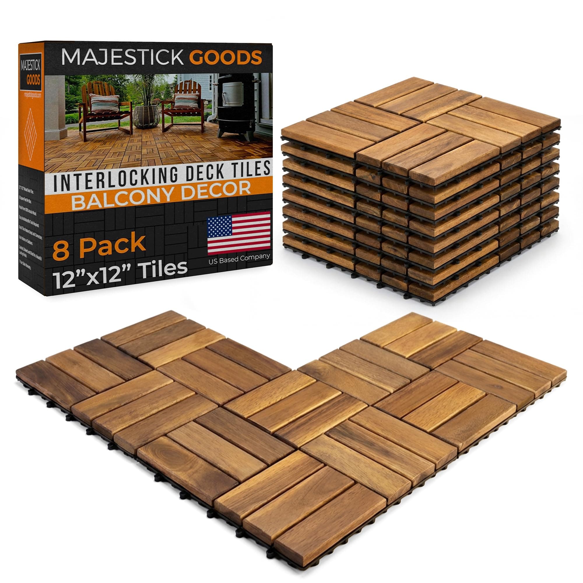Interlocking Deck Tiles 8 Pack - Snap Together Wood Flooring | 12 x 12 Acacia Hardwood Outdoor Flooring for Patio | Click Floor Decking Tile Outdoors Balcony Flooring, Wooden Parquet Flooring